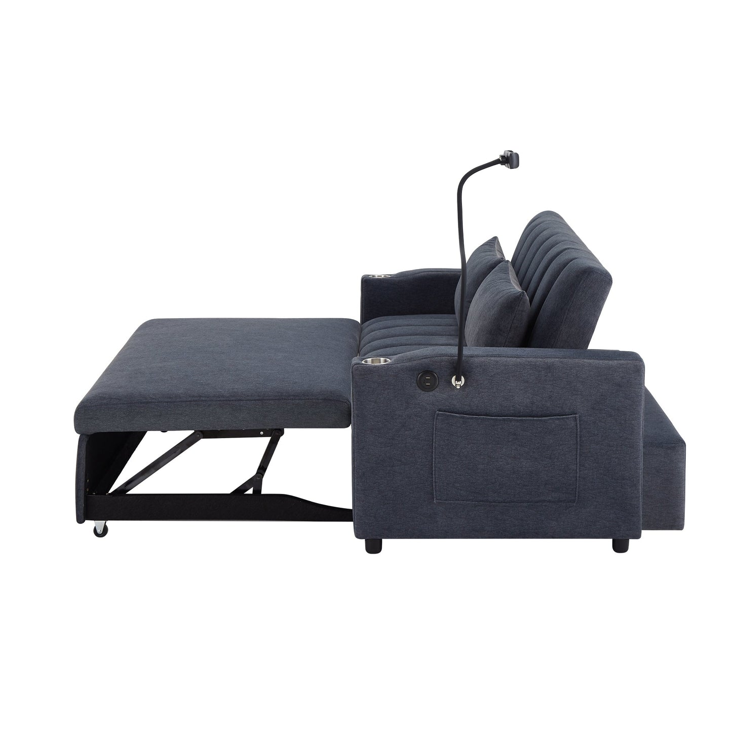 NEW Convertible Sofa Bed Loveseat with USB Ports, Side Pockets, Cup Holders, and Phone Holder in Blue Grey Bella Fabric, 55.9'