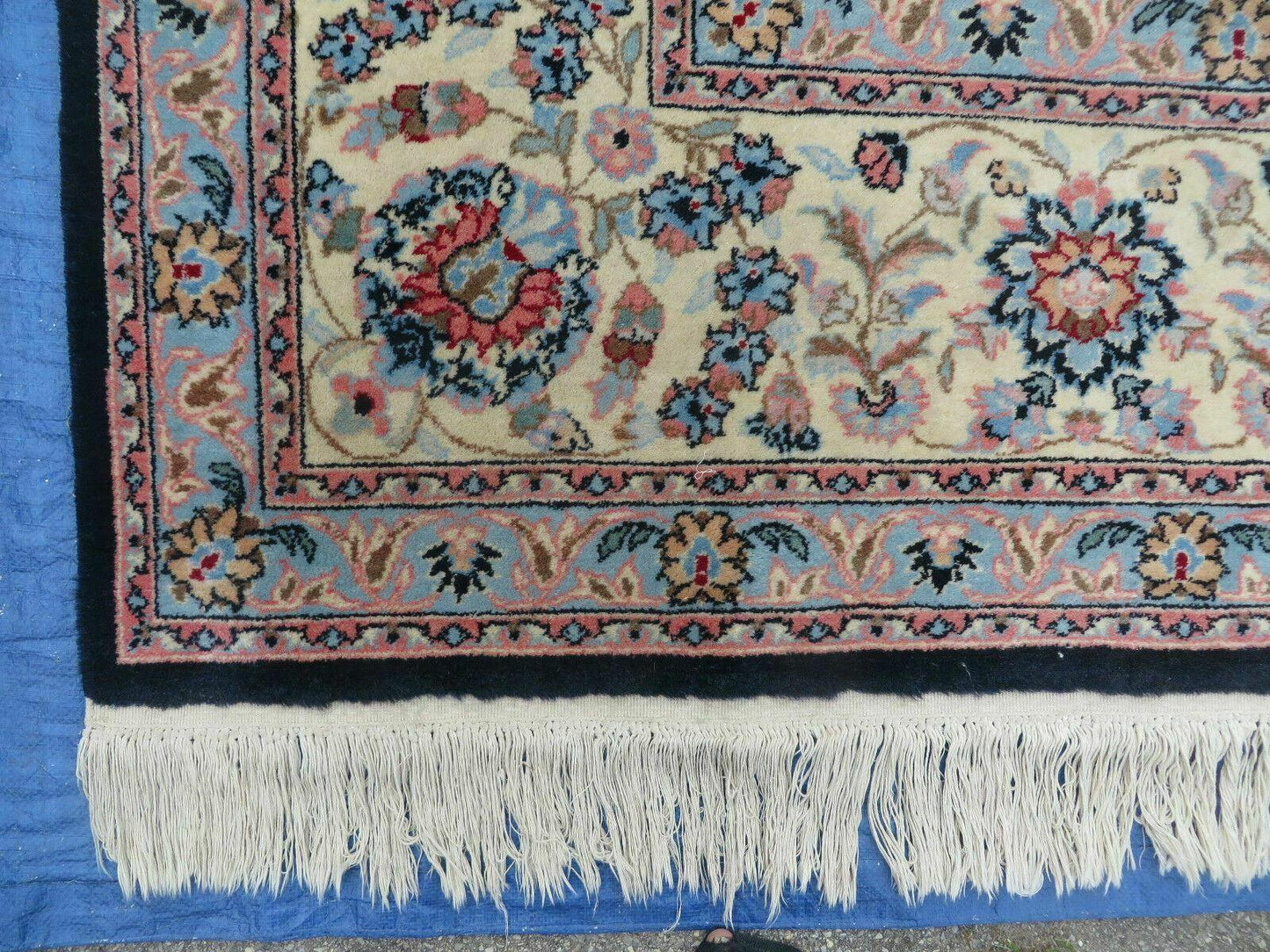 USED Large Indo Persian Rug 10x14, Wool Hand-Knotted Carpet, Navy Blue Ivory