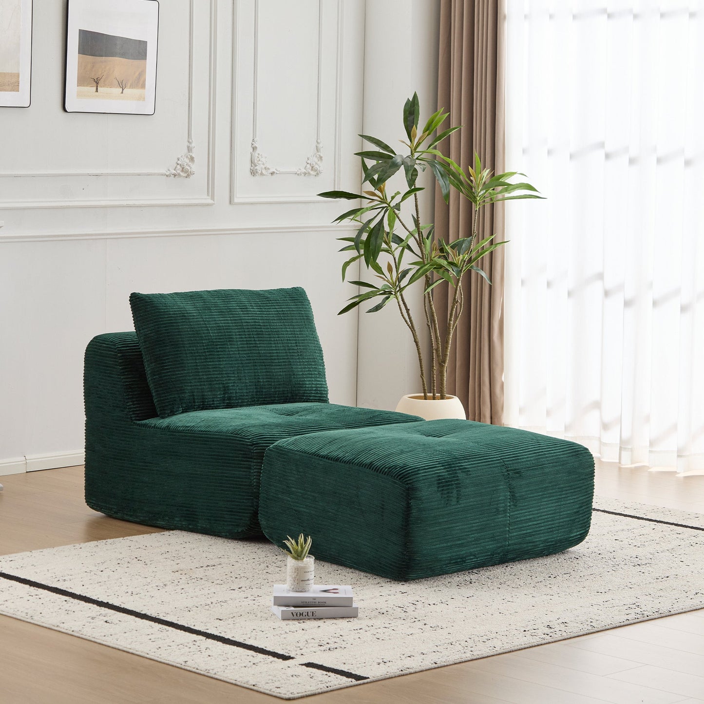 Modern Memory Foam Compressed Sofa,Single Chaise Longue for Living Room,Pet-Friendly Cloud Modular Sectional Sofa,Corduroy Fabric,Movable Ottoman,No assembly required,Green