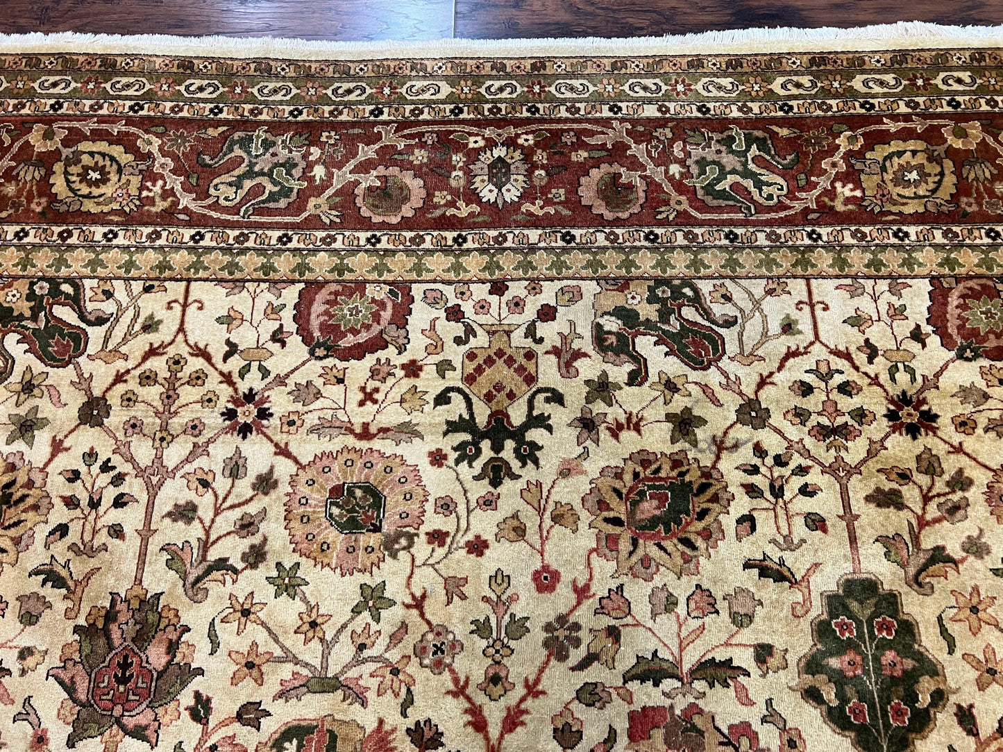 USED Large Indian Rug 10x14, Hand Knotted Indo Persian Gandehar Oriental Carpet, Vintage Wool Rug 10 x 14 ft Cream Red Floral Allover Traditional