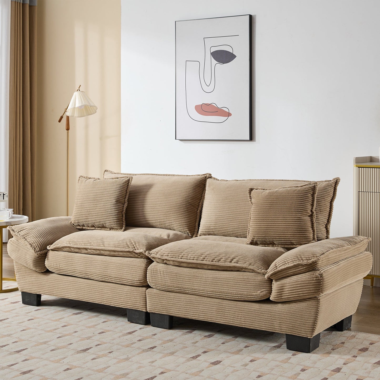 NEW Khaki Corduroy Sofa Sleeper Couch Loveseat with Pillows Comfy Upholstered Deep Seating