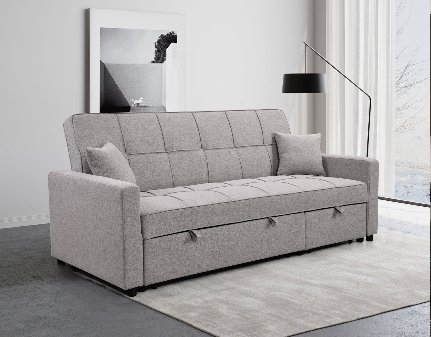 NEW 83' Light Gray 3 Seater Convertible Sofabed Oversized Upholstered Sofa Bed with Pull Out Couch Bed & Adjustable Backrest