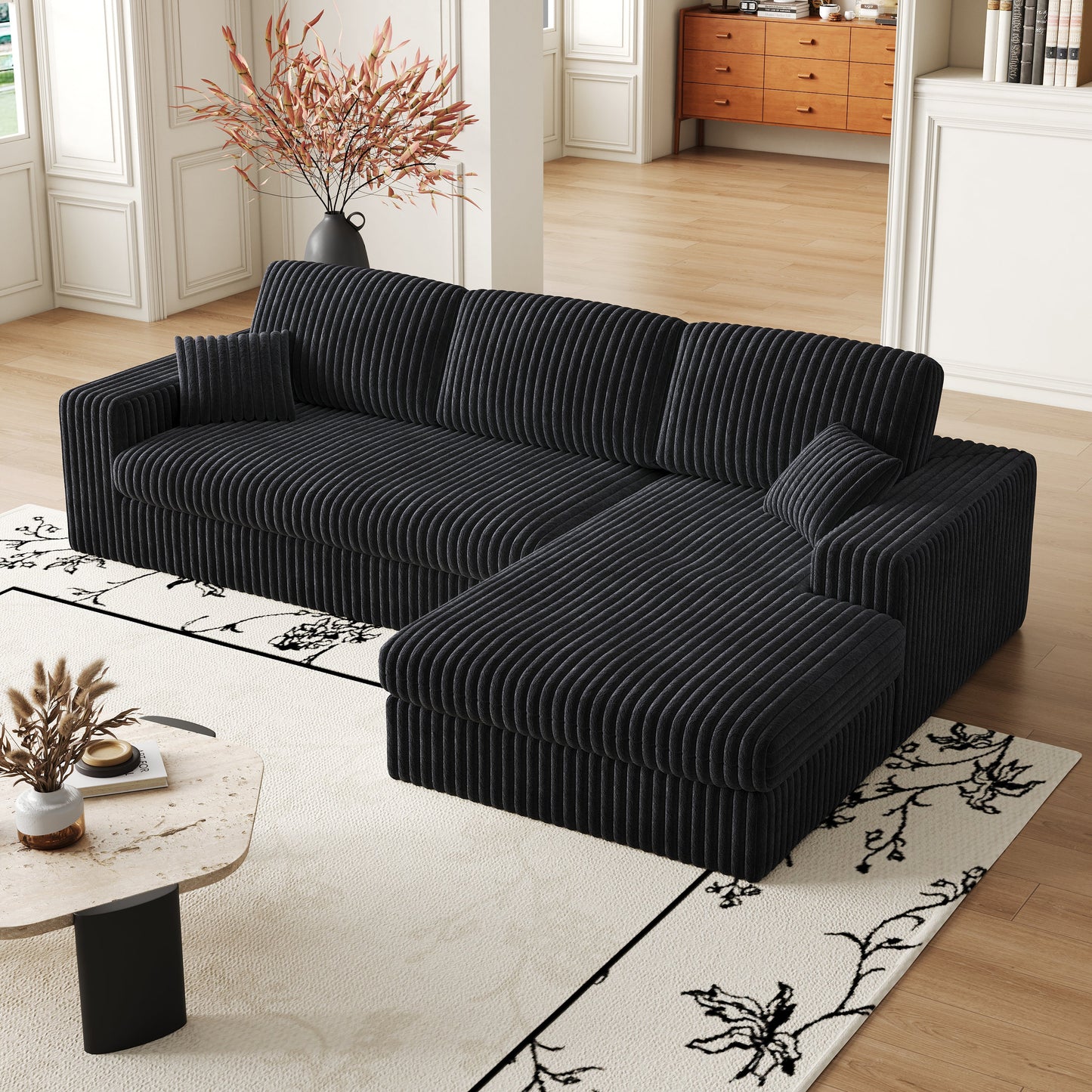 NEW 114.5' Modern Corduroy Modular Foam Sofa Recliner Seat Reversible 2-in-1 Sofa Recliner L-Shaped Combination with Three Cushion Neck Pillow Combination and Two Throw Pillows