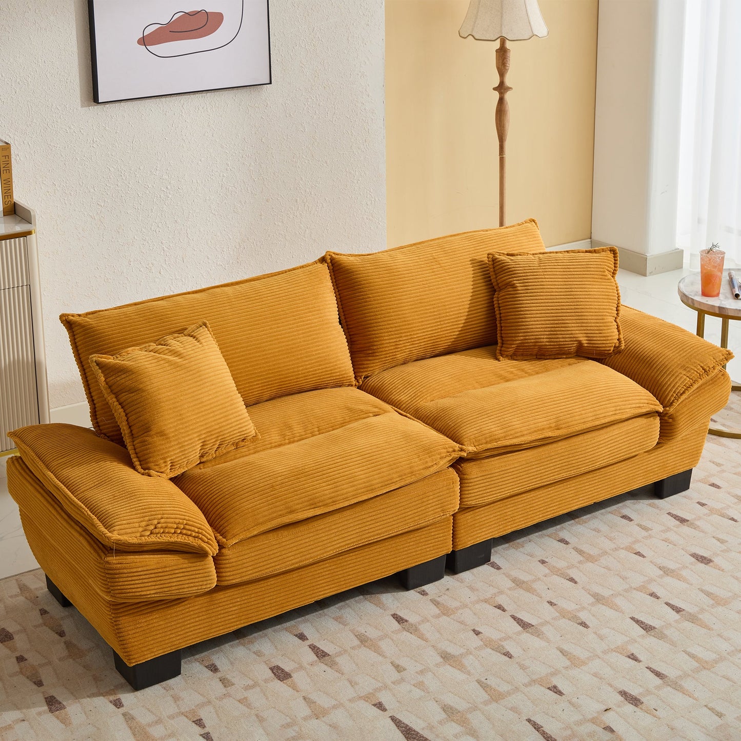 NEW Comfy Upholstered Deep Seat Yellow Corduroy Sleeper Couch Loveseat Sofa with Pillows