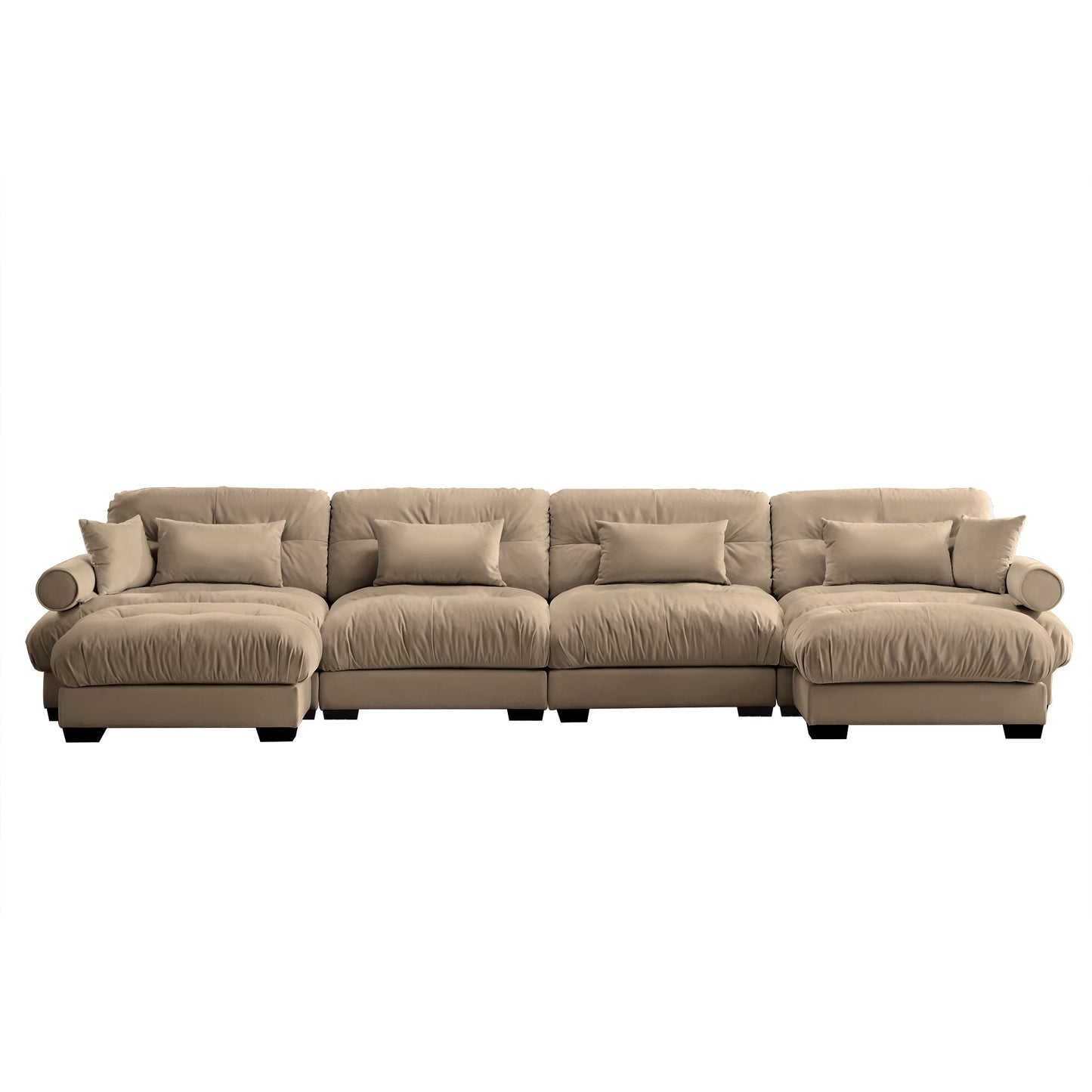 NEW Modern Velvet U Shaped Sectional Sofa Cloud Couch with Movable Ottomans and Bolstered Armrests in Camel