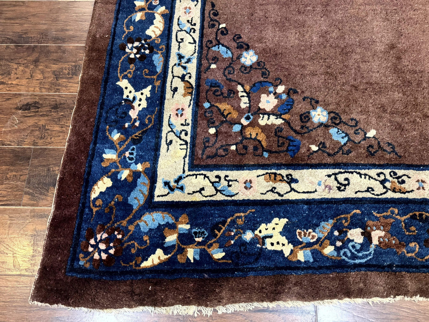 USED Antique Chinese Wool Rug 9x11, Large Chinese Art Deco Rug, Peking Rug, Brown and Blue, Open Field, Fete Rug