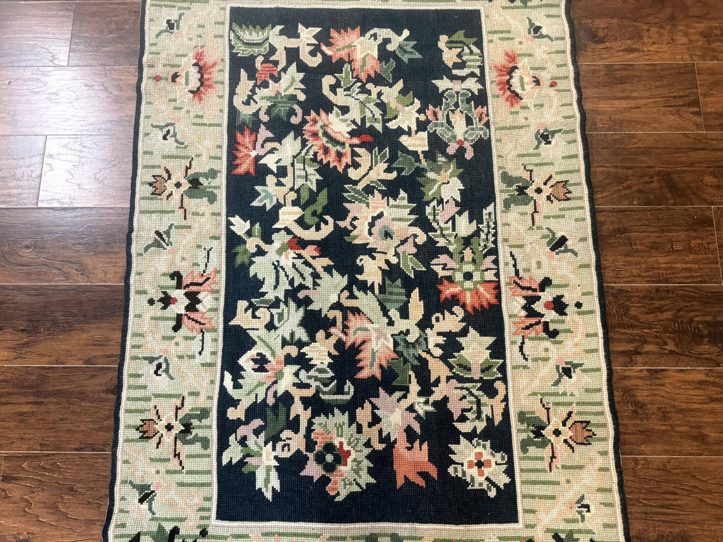 USED Vintage American Needlepoint Rug 4x6, Dark Green, Wool, Handmade, Flatweave Carpet