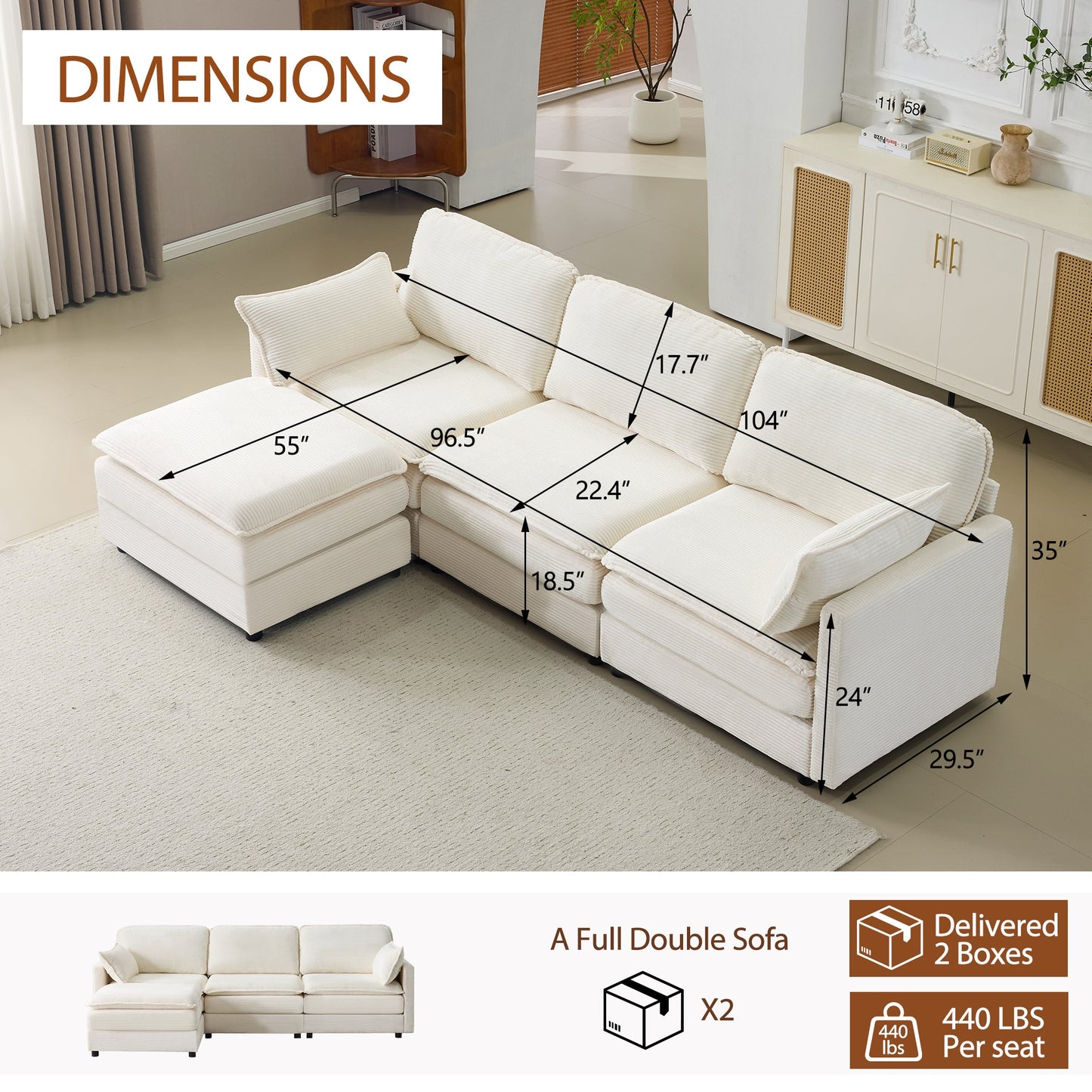 NEW 104' Plush Cloud Beige 3 Seater Modular Sofa + Ottoman with 22' Chenille Cushions and 2 Throw Pillows