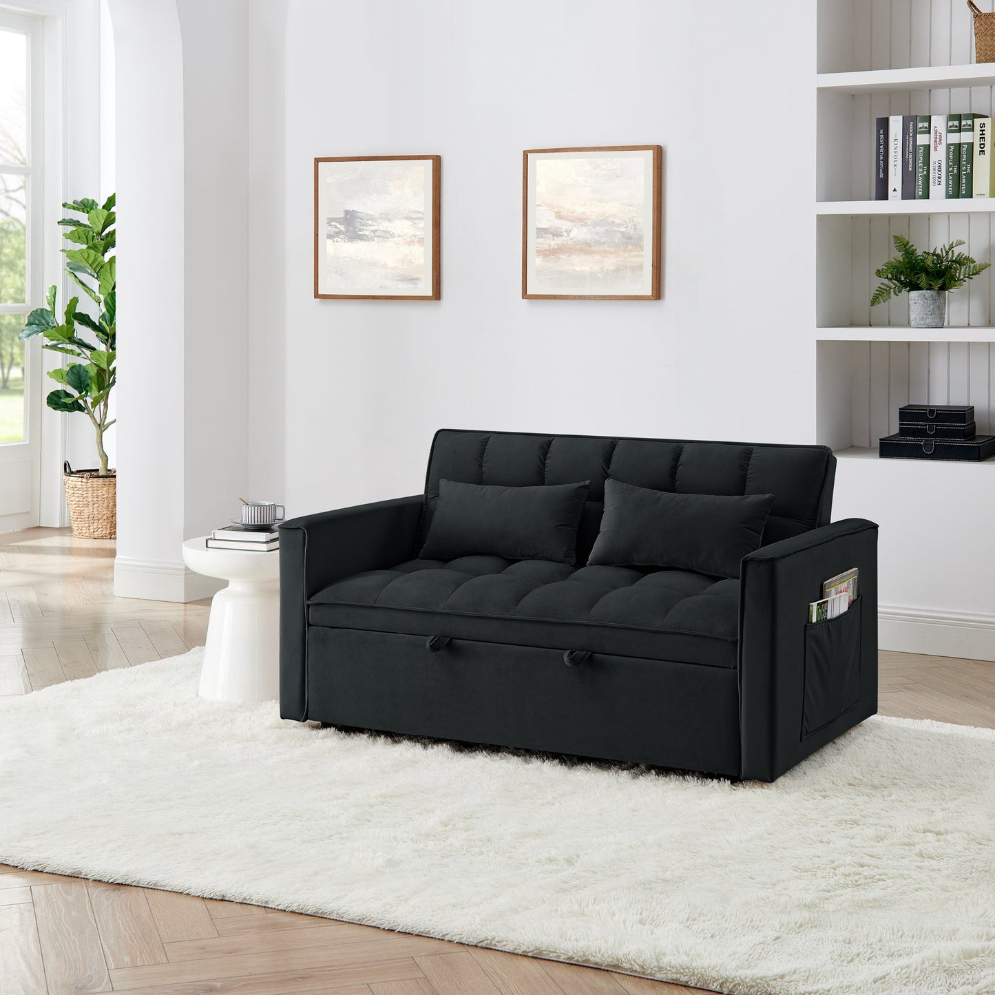 NEW 54.33 inch Versatile Foldable Modern Black Velvet Sofa Pull-out Bed Adjustable Back