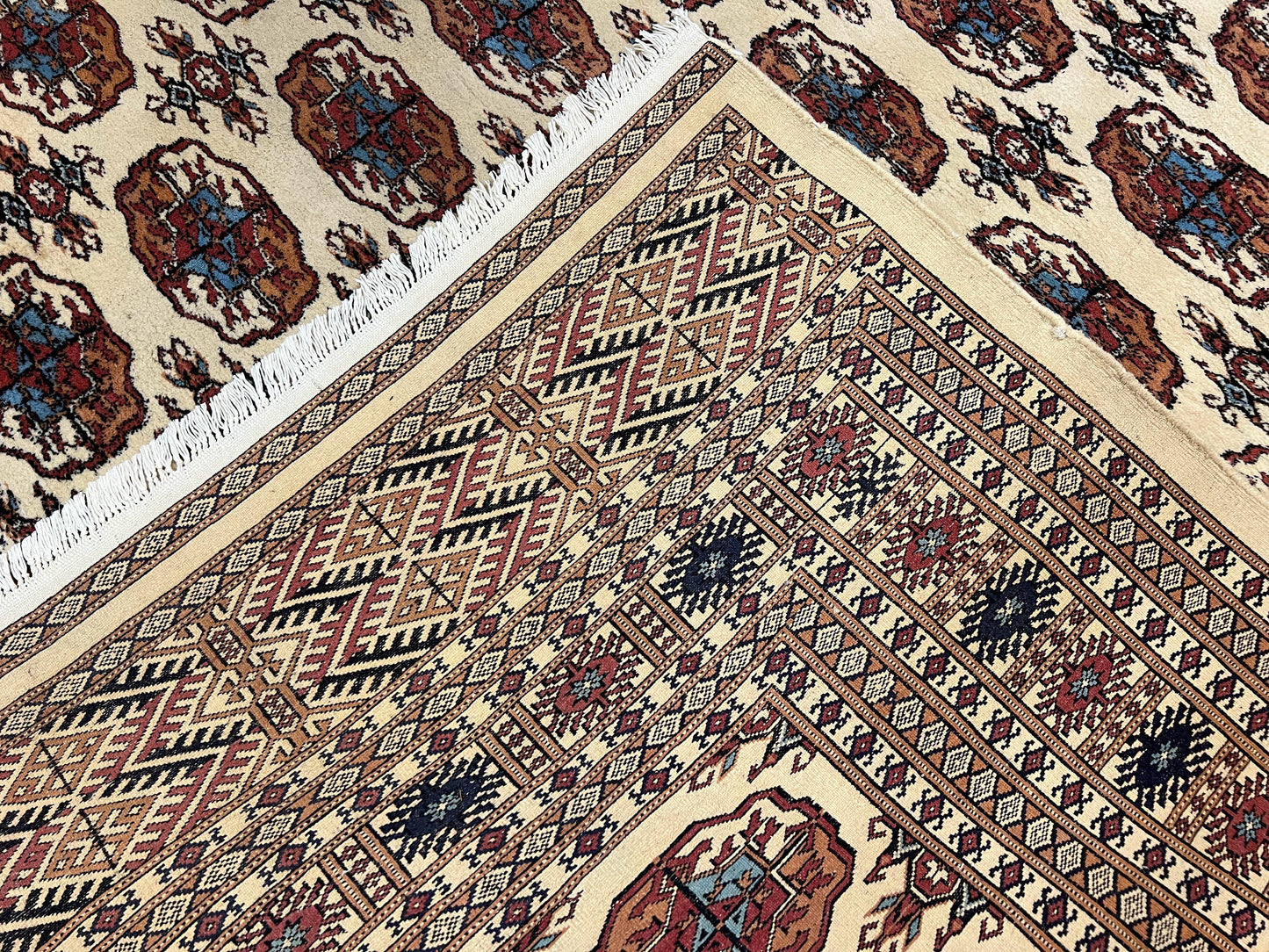 USED Pakistani Bokhara Rug 8x10, Traditional Turkoman Tribal Carpet, Allover Repeated Elephant Foot Motif, Ivory/Cream Black Red, Vintage Handmade