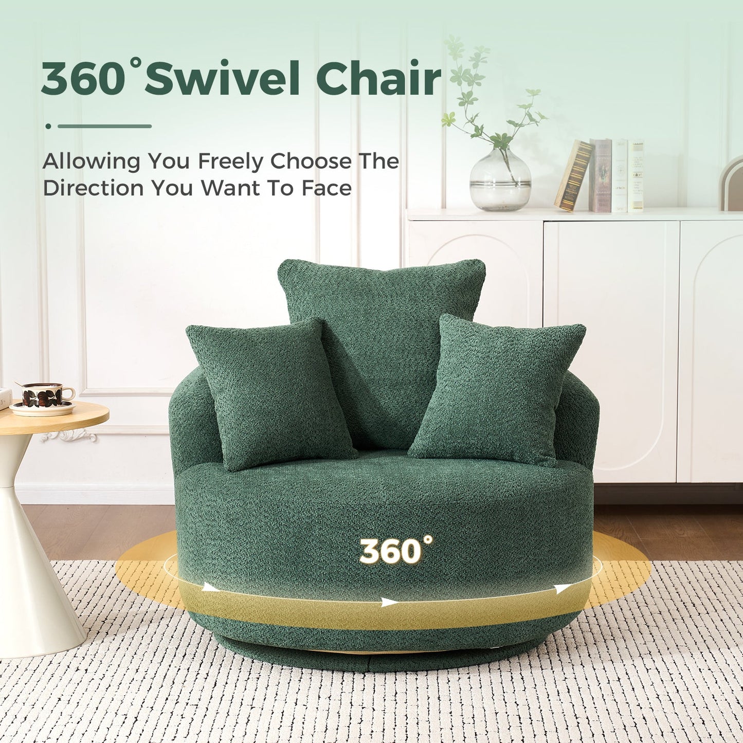 NEW 360° Green Swivel Accent Barrel Round Upholstered Sofa Chair with 3 Removable Pillows