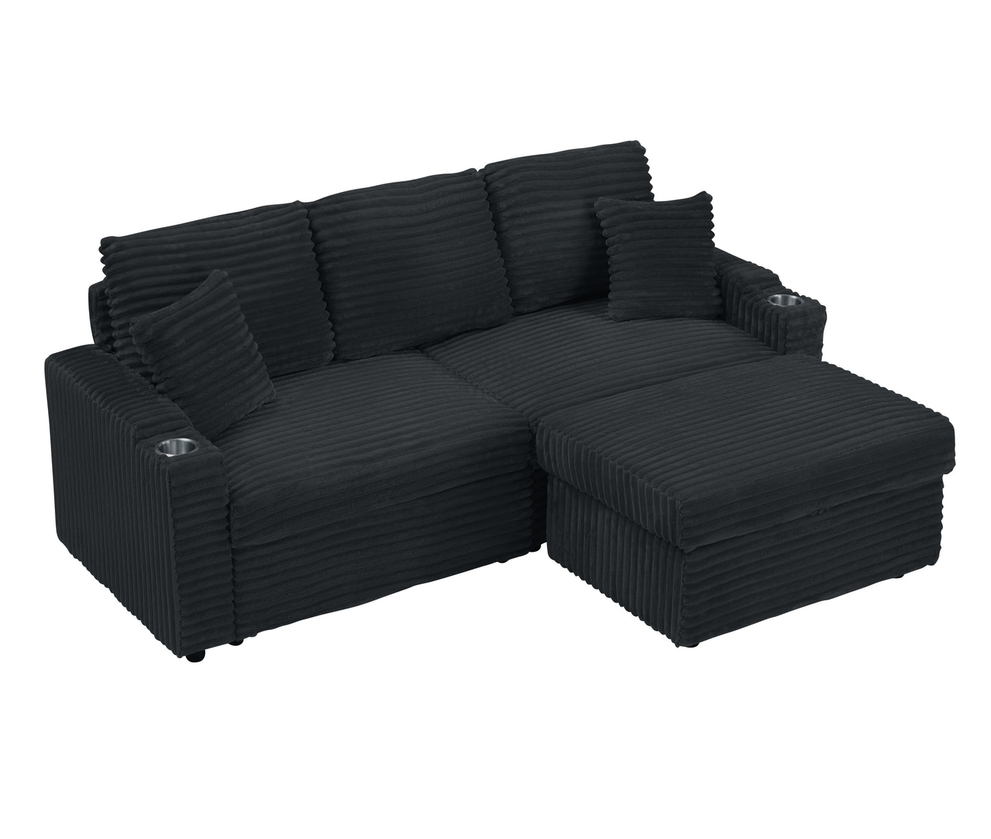 NEW 80' Corduroy Multi-Function Sofa with Hidden Reclining, Space Saving Design, Armrests, Cup Holders and Removable Footstool, Black