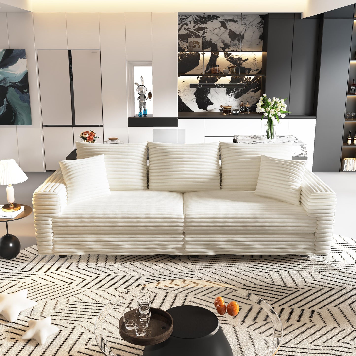 NEW 82.7' Plush Modern Beige Corduroy 3-Seat Comfy Upholstered Sofa Cloud Couch,Deep Seat Couches with Soft Pillows,Convertible Deep Seat Sofa Lounge Chair