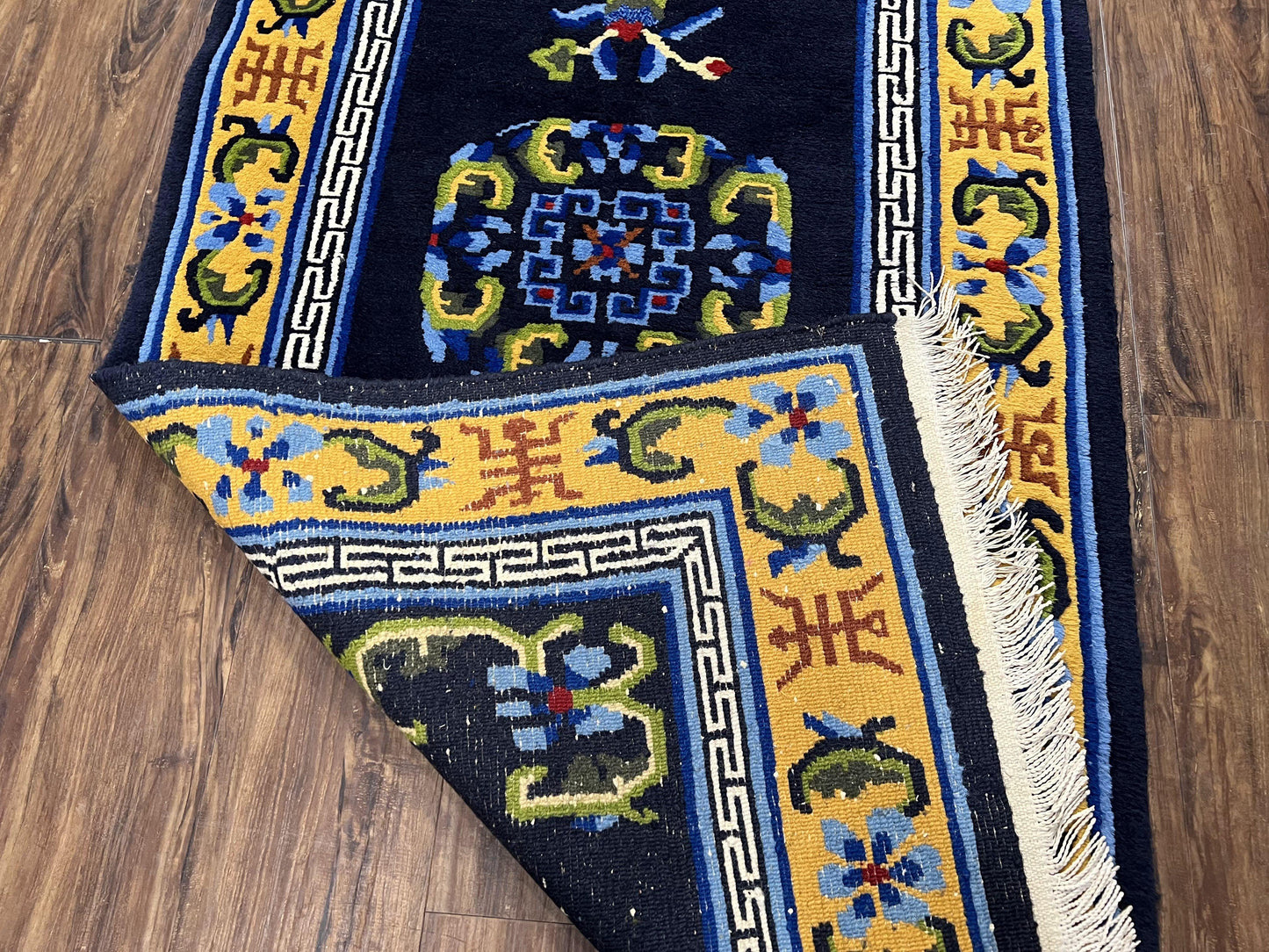 USED Chinese Art Deco Rug 3 x 5.9, Handmade Chinese Peking Carpet, Dark Blue and Gold, Medallion, Asian Oriental 3x6 Hand Knotted Vintage Rug