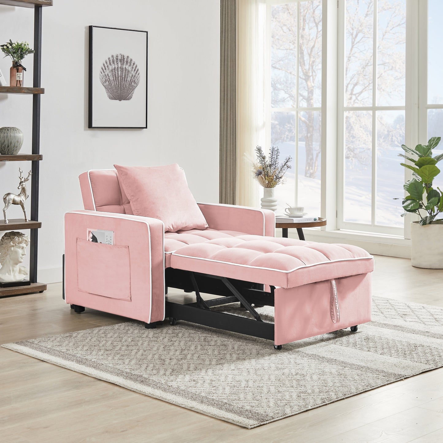 NEW Modern Pink Velvet Three-in-One Sofa Bed Chair with Adjustable Backrest