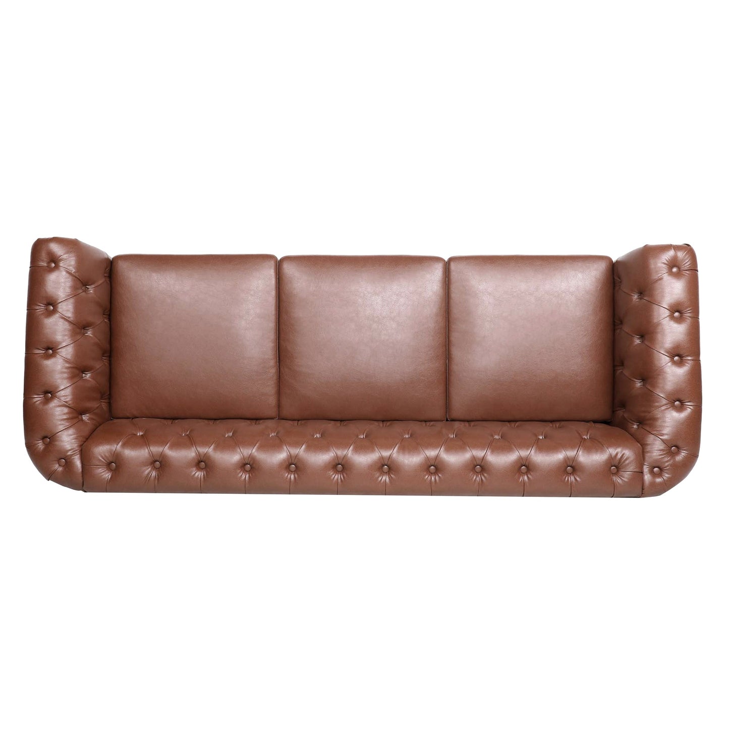 NEW Classic Chesterfield Three Seater Sofa Brown PU Leather with Rolled Arms and Birch Legs 84.65 Inches