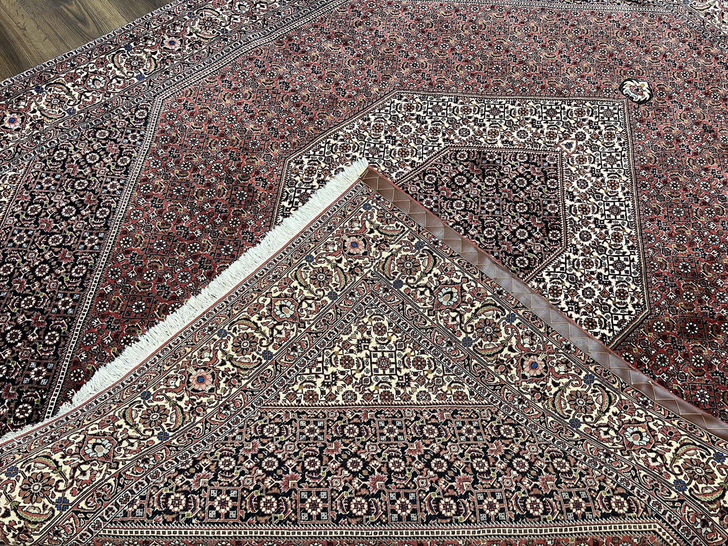 USED Wonderful Persian Bidjar Rug 7x8 ft, Almost Square Oriental Carpet, Herati Mahi, Highly Detailed, Ivory Red Navy Blue, Very Fine Handmade Bijar Rug