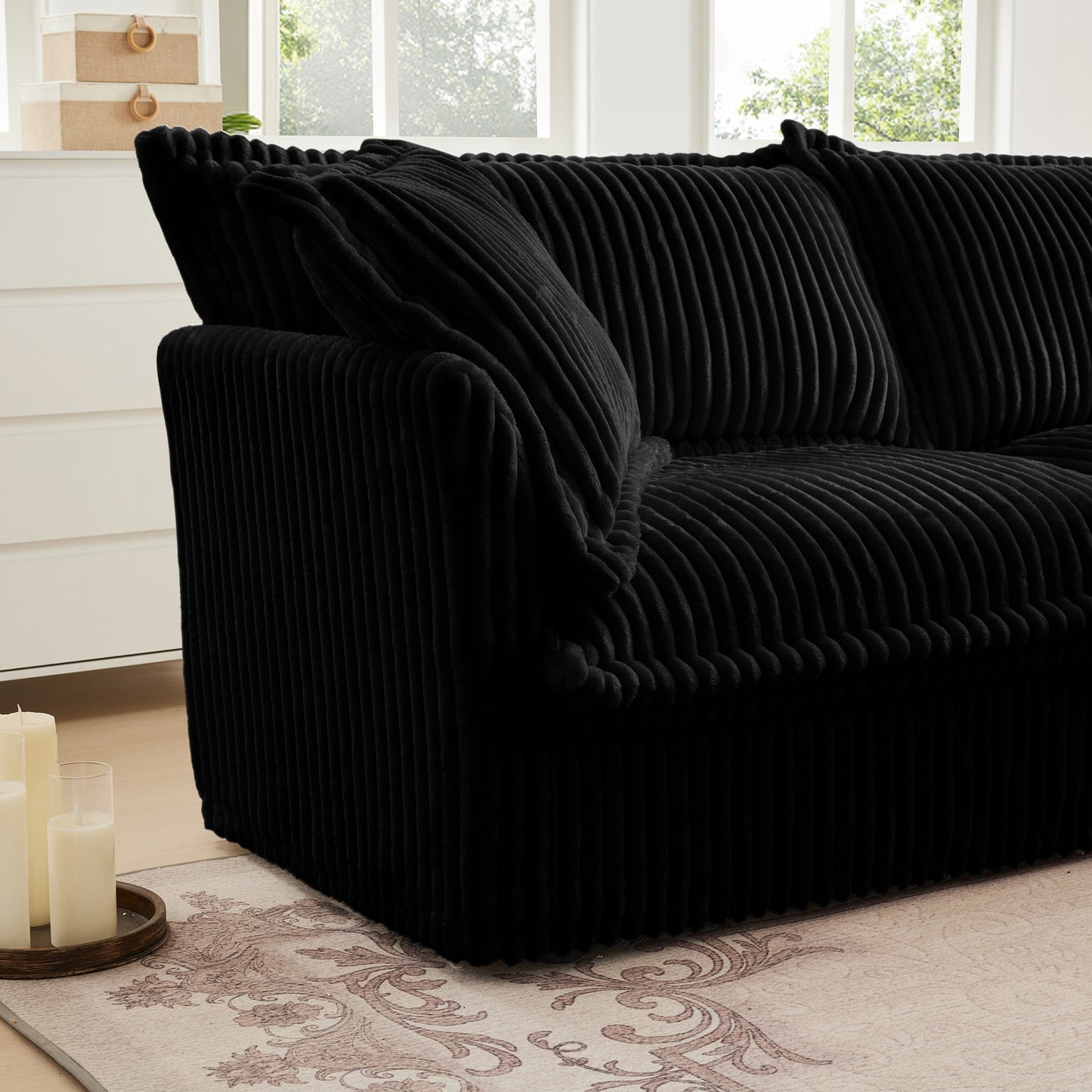 NEW Slip-covered Armchair with 1 Big Back Cushion and 2 Big Toss Pillows, Single Deep Seat Comfy Single Couch Sofa Multiple Large Soft Pillows, Black Corduroy Fabric