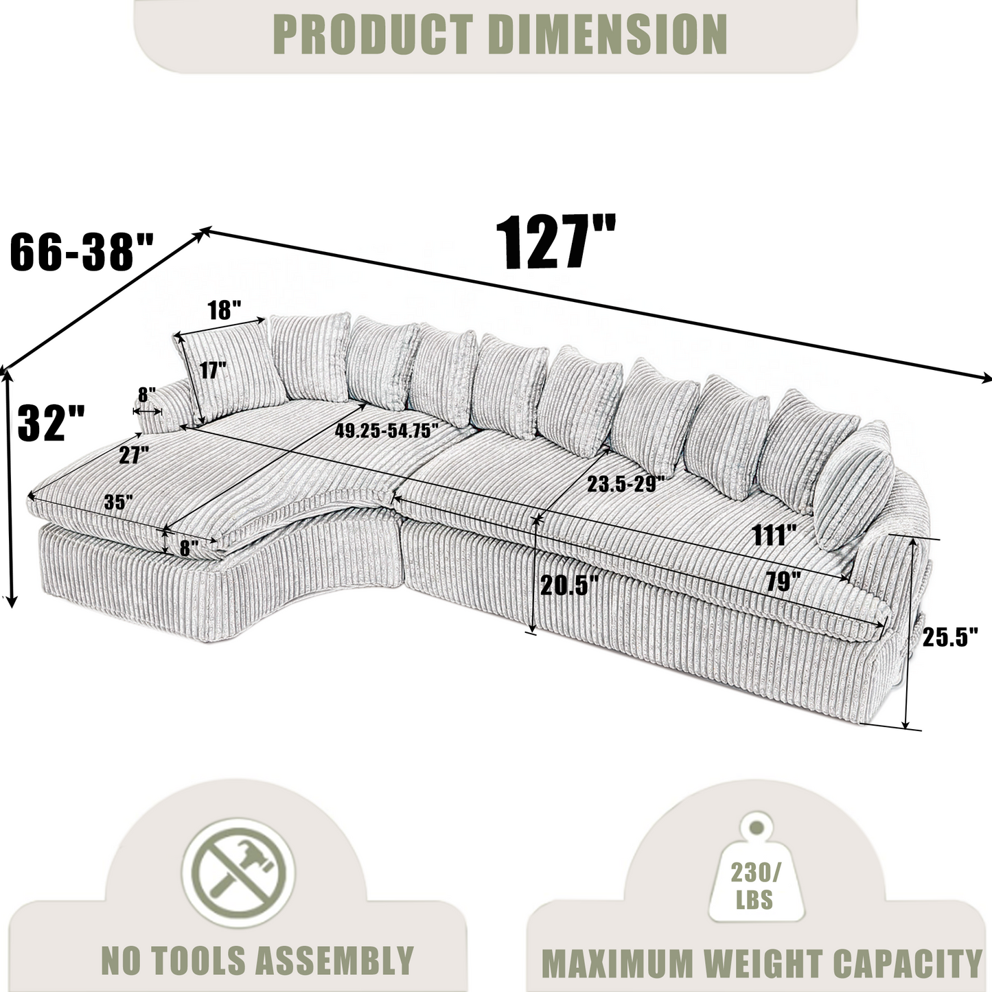 NEW 127''  Large Sectional Sofa ,Elegant Curved Design ,High-Resilience Foam ,Ten Back Cushions,L-Shape Left Sofa,No Assembly  Required , (Black-Soft Corduroy Fabric)