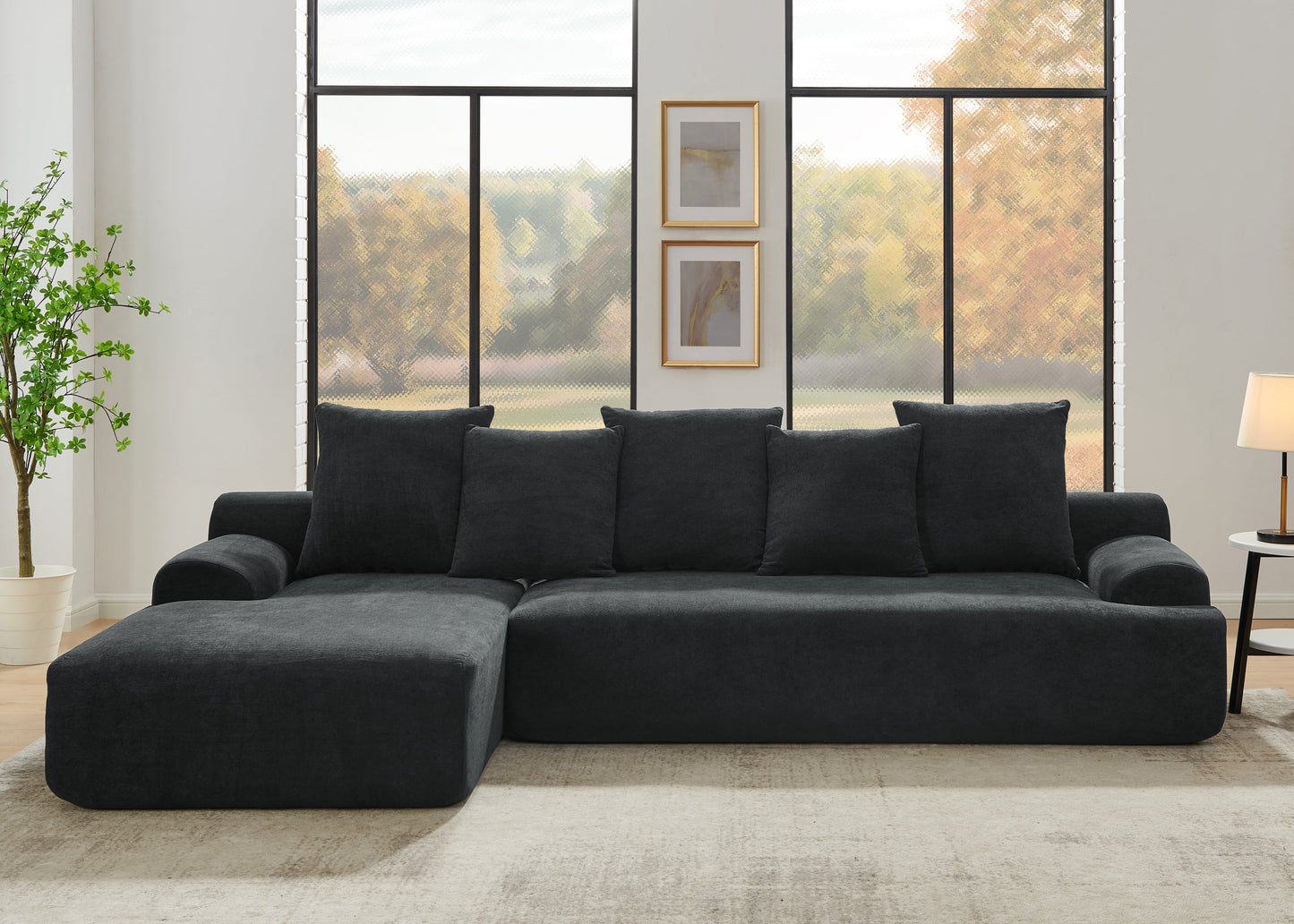 NEW Modern Black Melange Velvet Upholstered L-Shape Sectional Modular Compressed Sofa