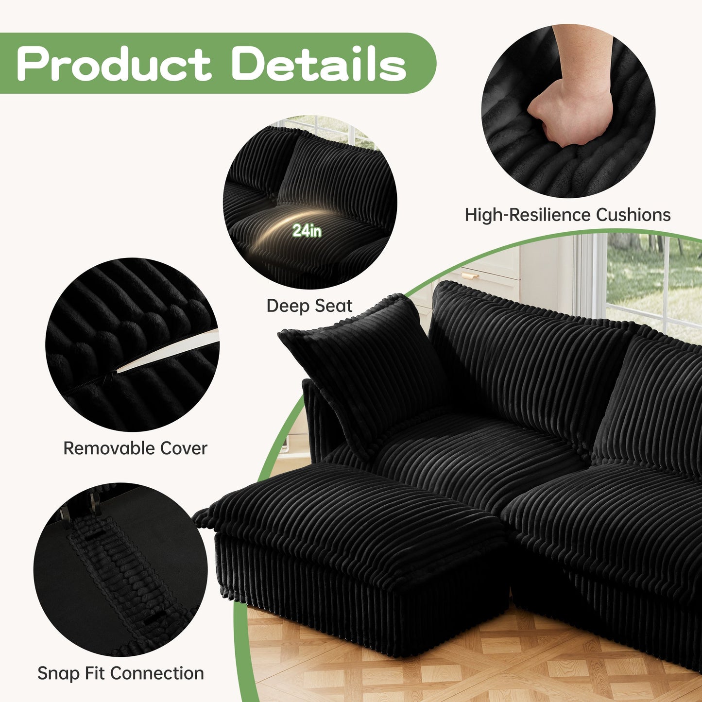 NEW Slip-covered Armchair with 1 Big Back Cushion and 2 Big Toss Pillows, Single Deep Seat Comfy Single Couch Sofa Multiple Large Soft Pillows, Black Corduroy Fabric