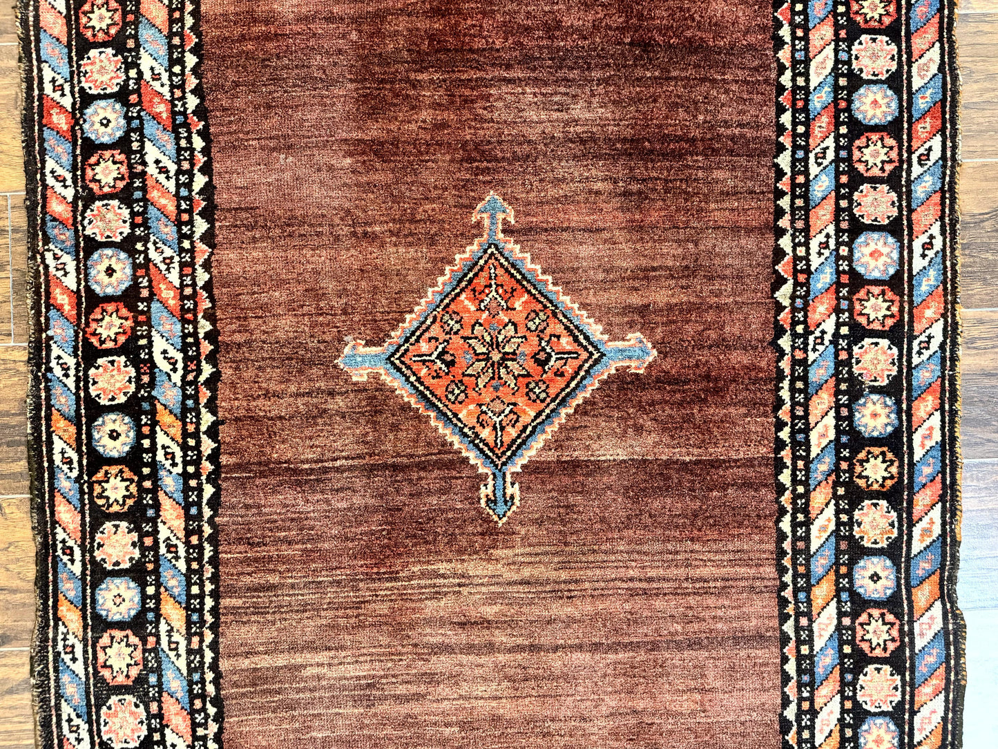 USED Antique Persian Rug 4x7, Sarab Tribal Wool Carpet, Brown and Multicolor, Handmade Wide Runner Rug 4 x 7, Open Field, Rainbow Border