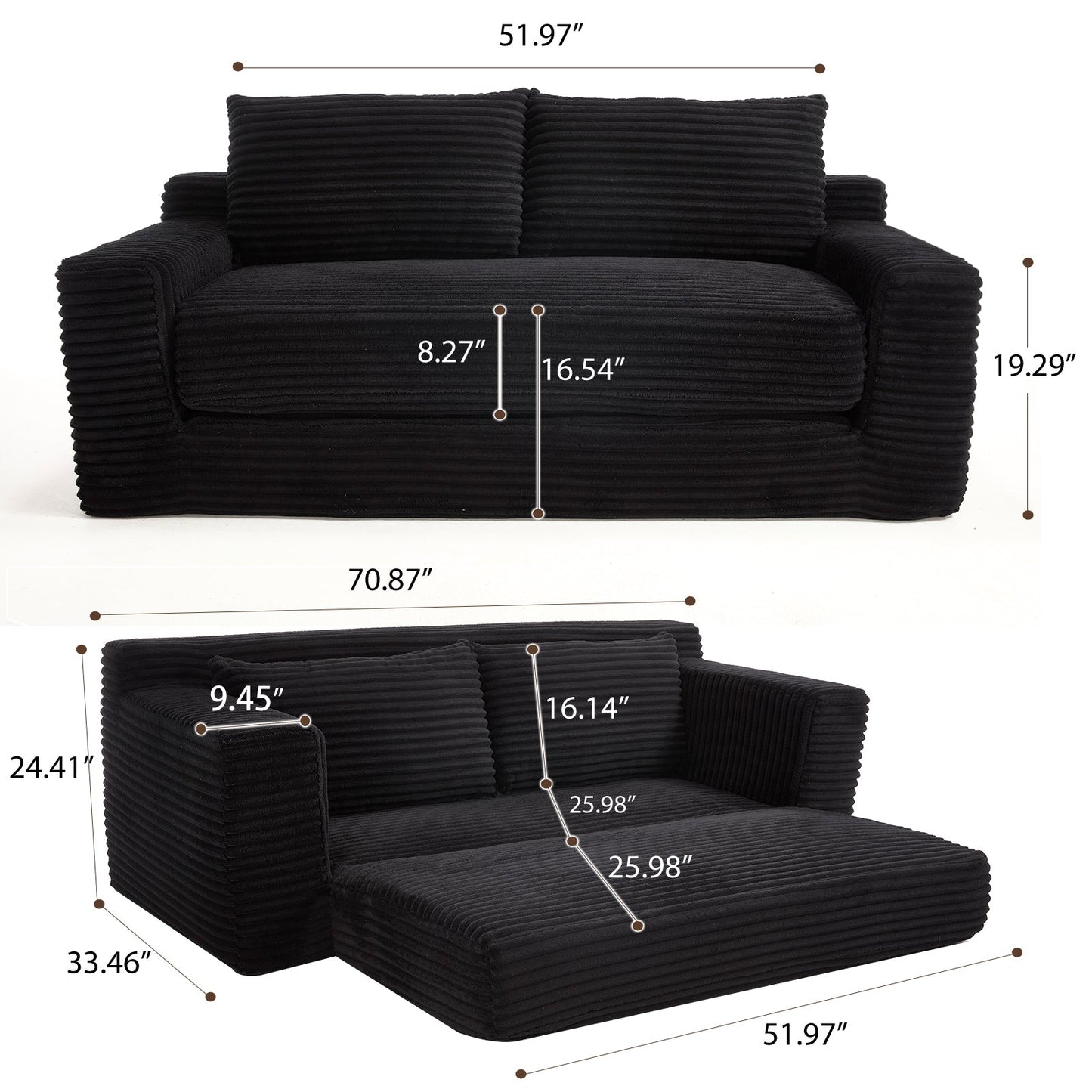 NEW Loveseat Sofa Bed with Memory Foam & Steel Frame - Convertible 2-in-1 Design, Black Corduroy, No Assembly
