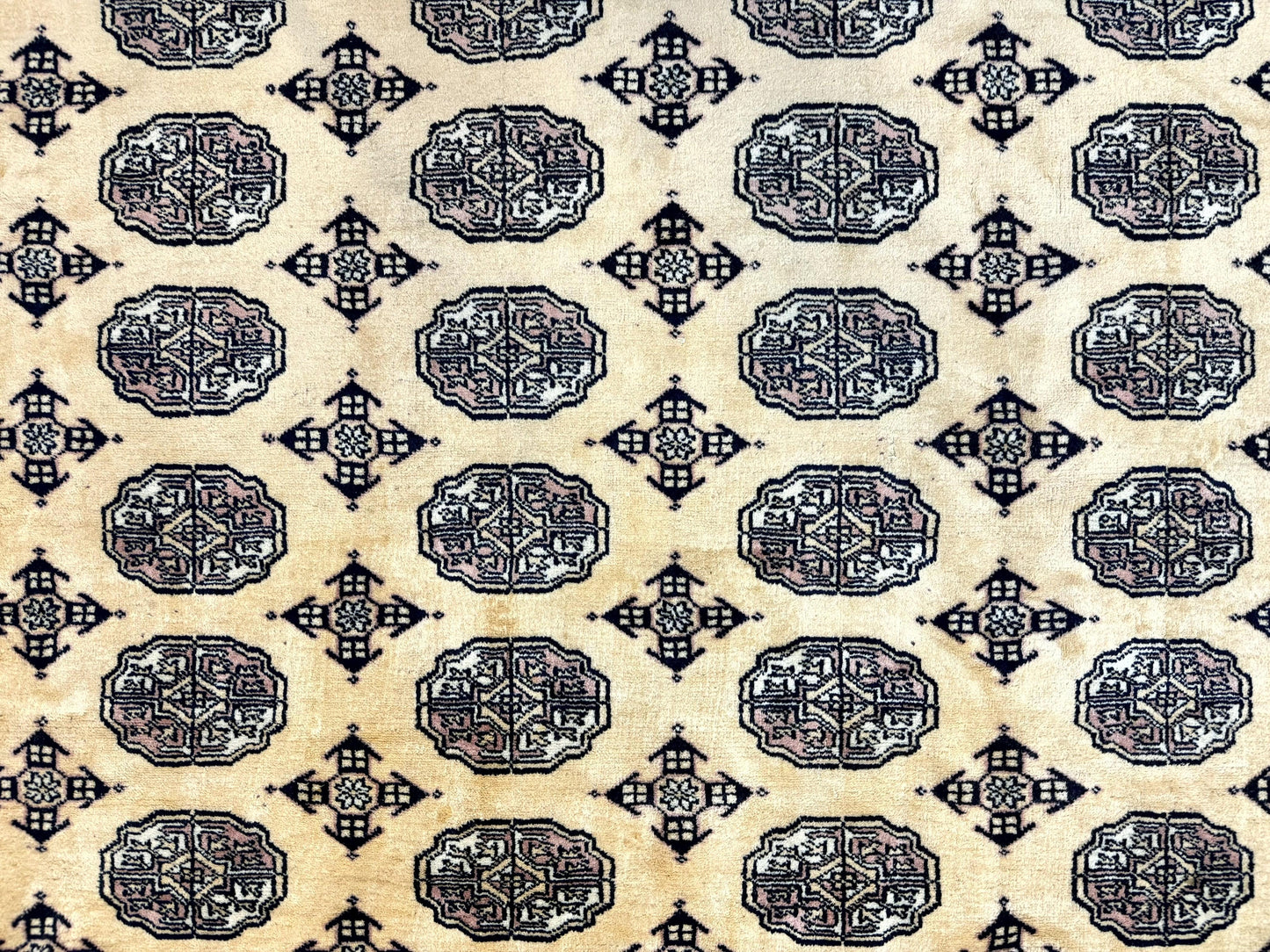 USED Pakistani Bokhara Turkoman Rug 9x11, Cream, Handmade Wool Vintage Carpet