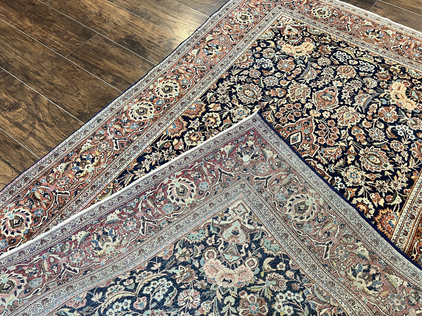 USED Persian Kashan Rug 4x7, Floral Medallion Vintage Handmade Hand Knotted Navy Blue & Red Wool Oriental Carpet, Highly Detailed Semi Antique Rug