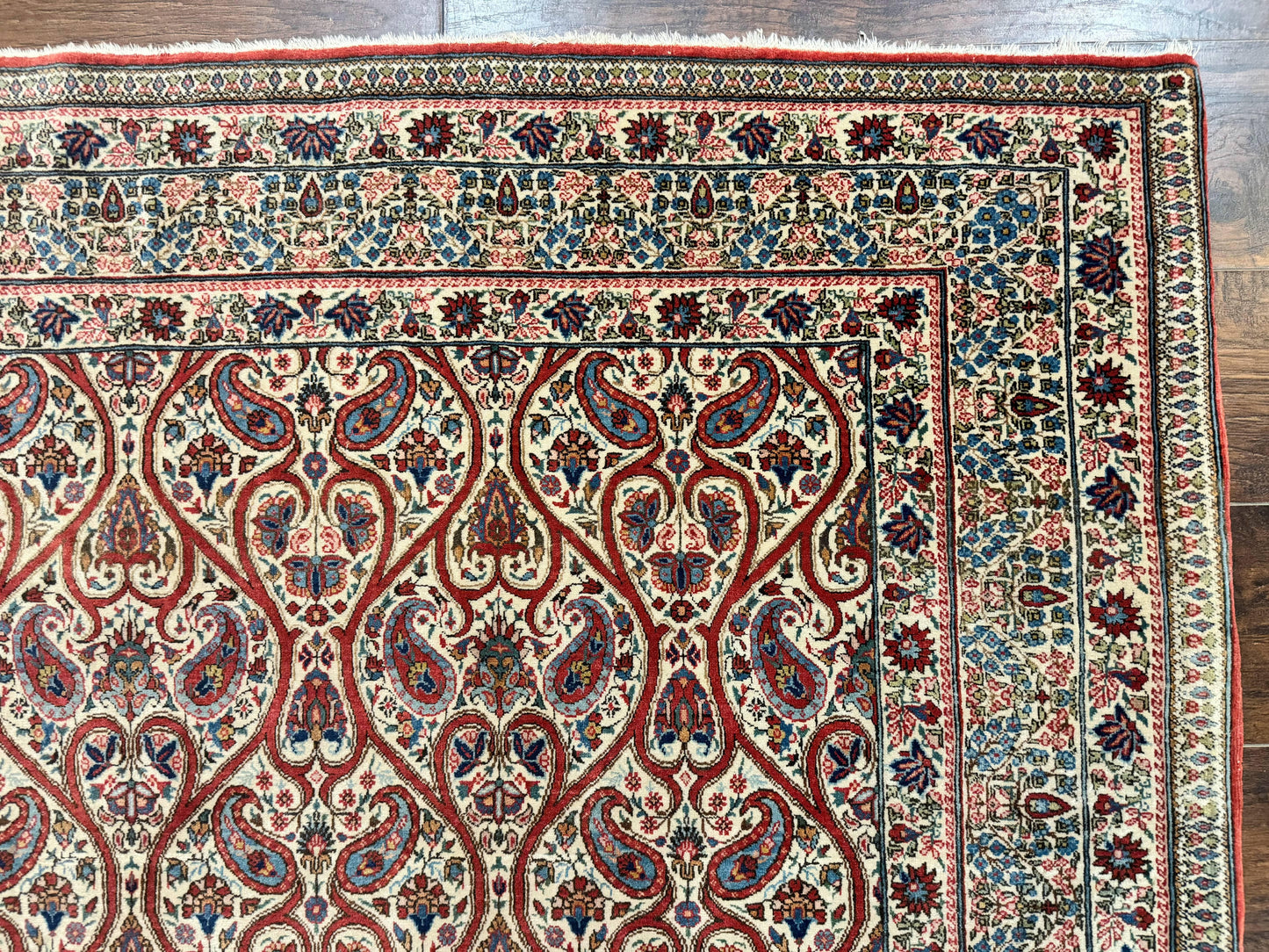 USED Unique Persian Qum Rug 5x7, Repeated Paisely Boteh Design, Ivory Red Blue, Handmade Antique Wool Persian Carpet, Finely Hand Knotted