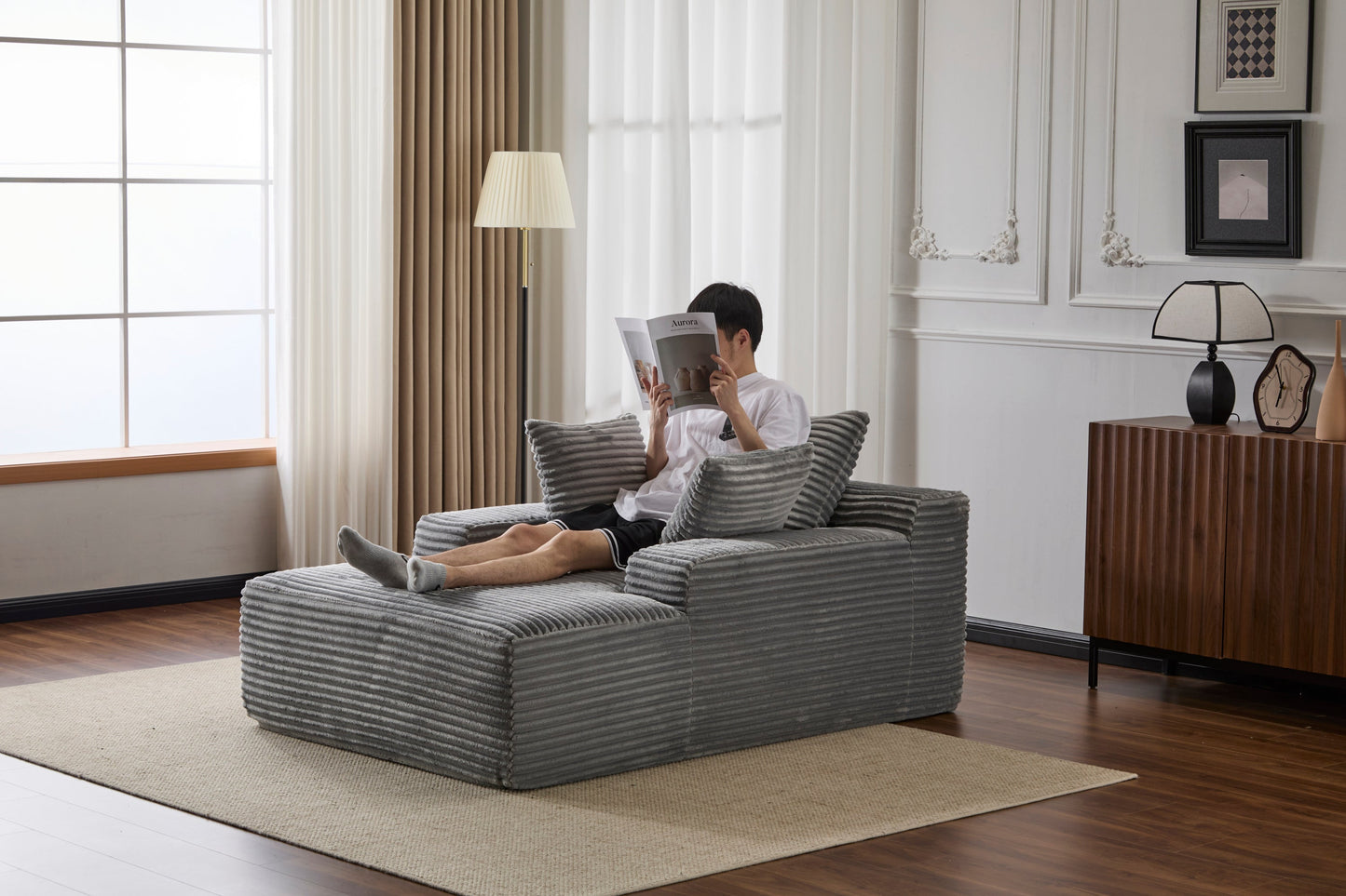 NEW Grey Oversized Chaise Lounge Chair Cozy Cloud Couch Modern Plush Corduroy Upholstered Sleeper Sofa Daybed with 3 Throw Pillows and Wide Armrest