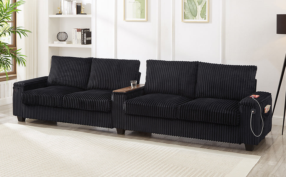 NEW Modern 4-Seater Black Corduroy Sofa Couch with USB Ports and Hidden Storage