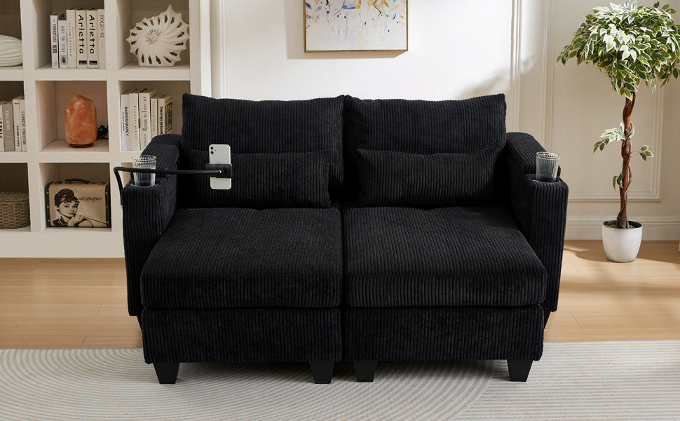 NEW Convertible Chaise Lounge 63' Loveseat Sofa Bed with USB Ports, Cup Holders, Phone Holder & Storage, Black Corduroy