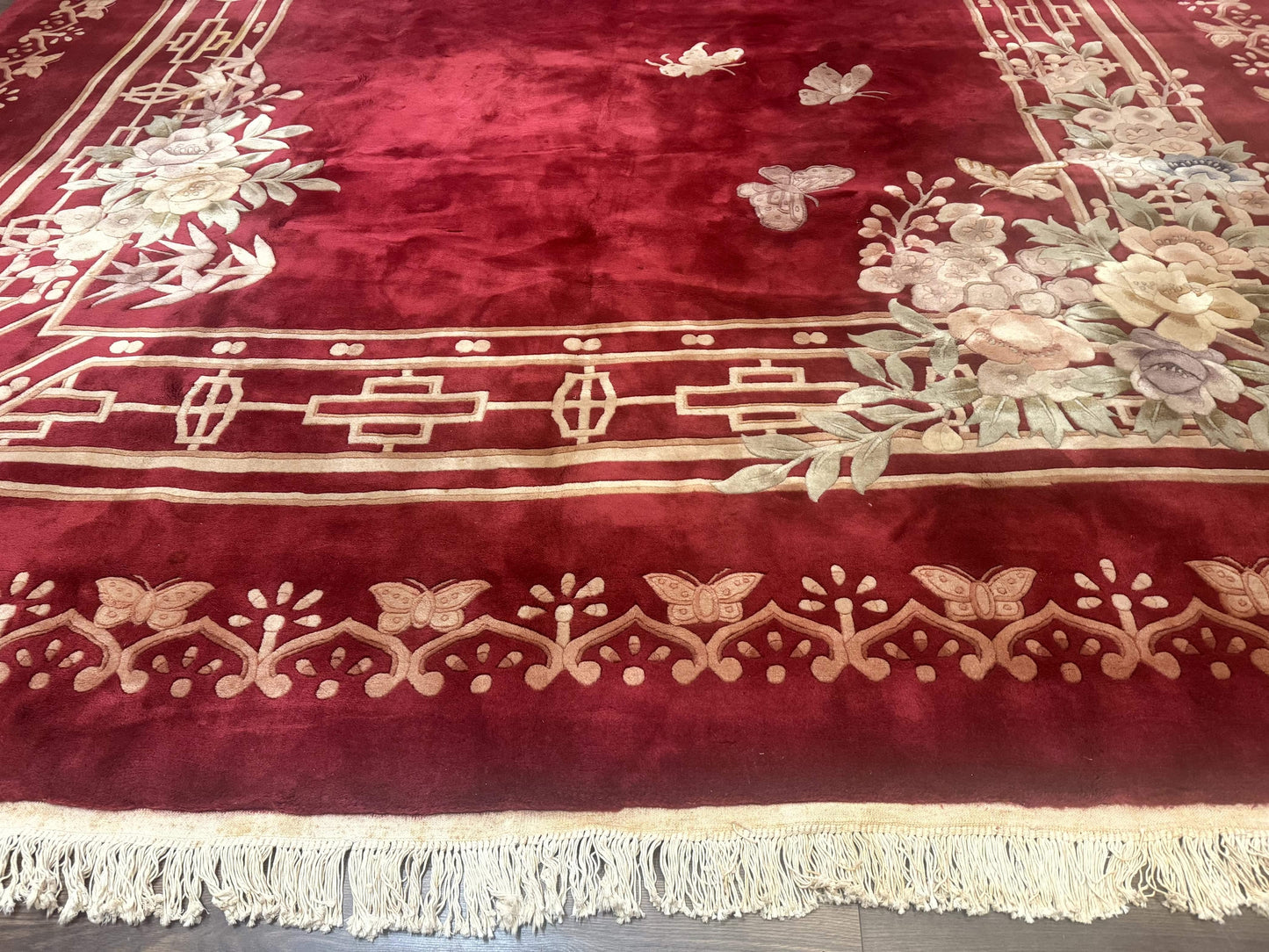 USED Palace Size Chinese Wool Rug 12x18, Red Art Deco Chinese Carving Carpet, Butterflies Flowers
