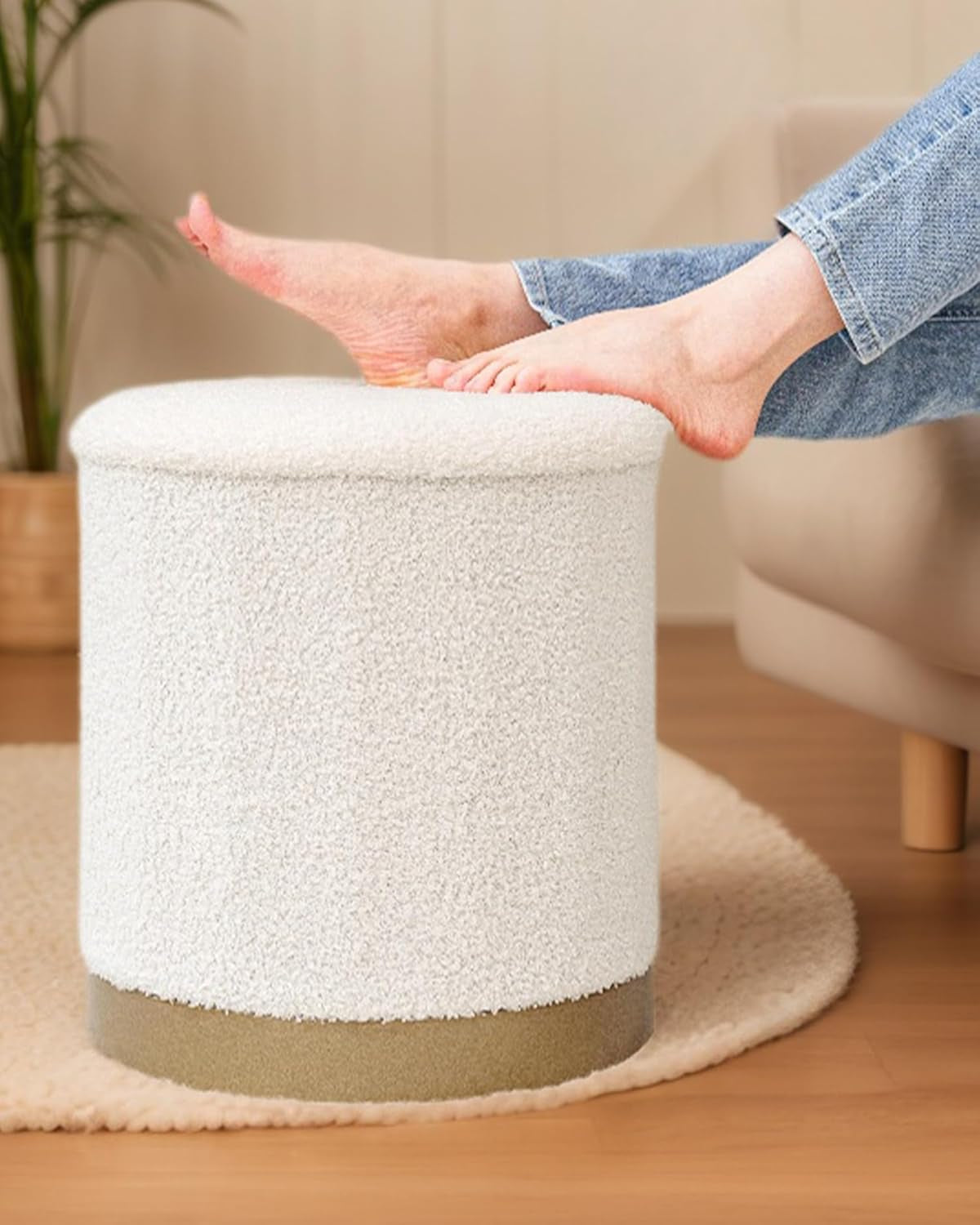 NEW Round White Storage Space Ottoman Gold Plated Base Frame