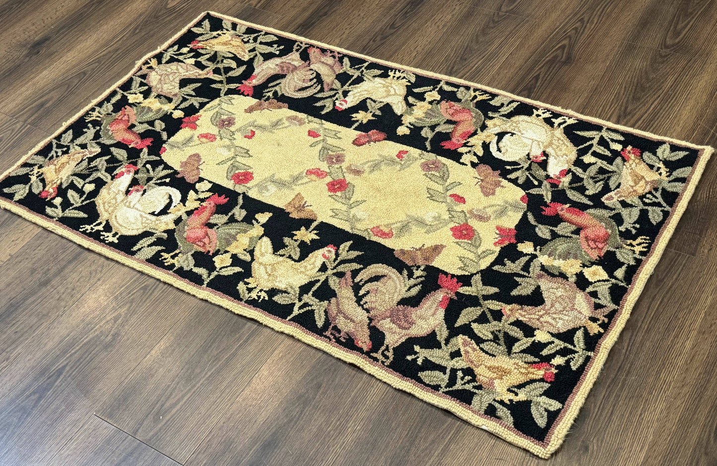 USED Small Vintage Hooked Rug, Roosters, Handmade, Wool