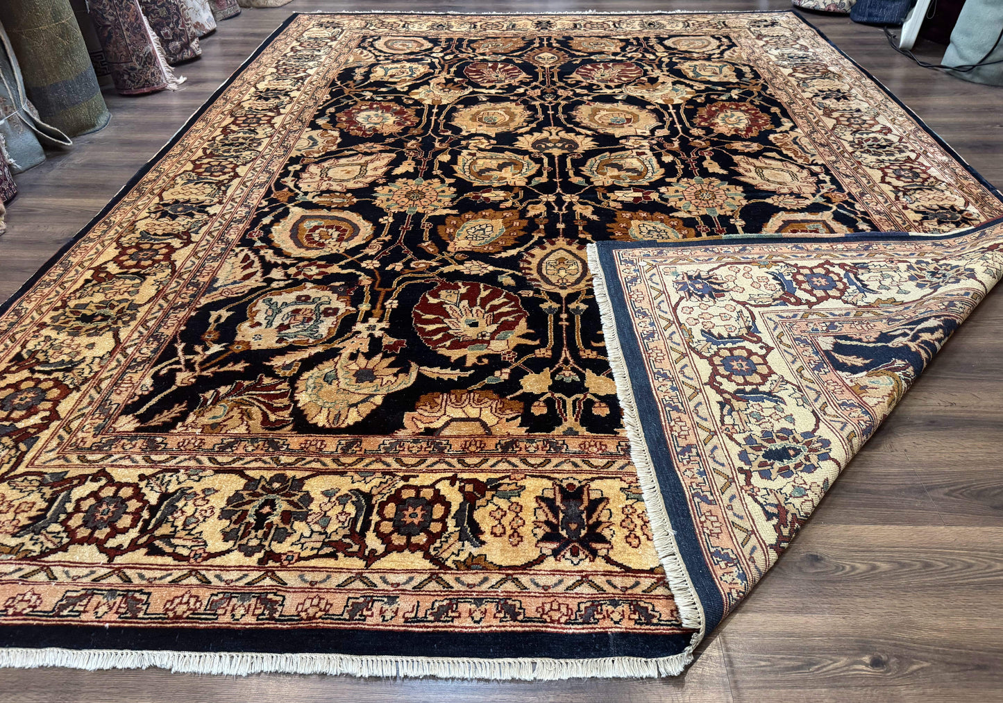 USED Pak Persian Bidjar Rug 10x13, Midnight Blue and Tan Pakistani Carpet