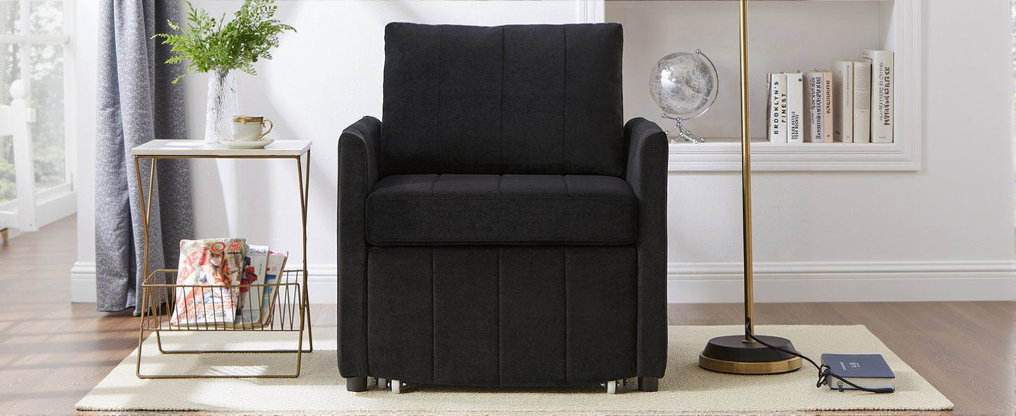 NEW Black Chenille Upholstered Convertible Sleeper Sofa with 5-Position Backrest Side Pockets Storage