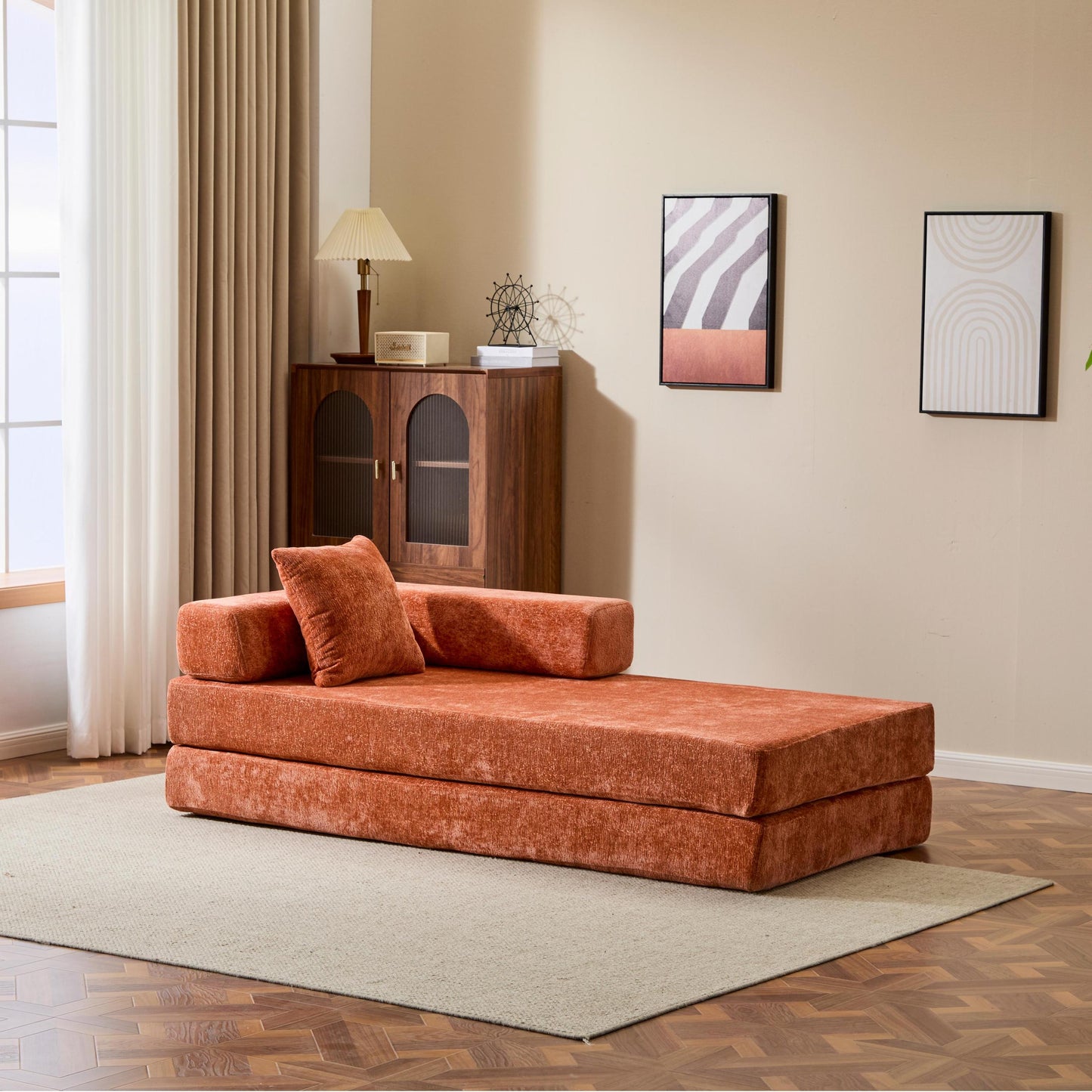 NEW Orange Chenille Fabric Comfy Futon Couch Lounge Sleeper Compression Convertible Floor Sofa Bed Couch with Pillow Back Support Armrest Bed