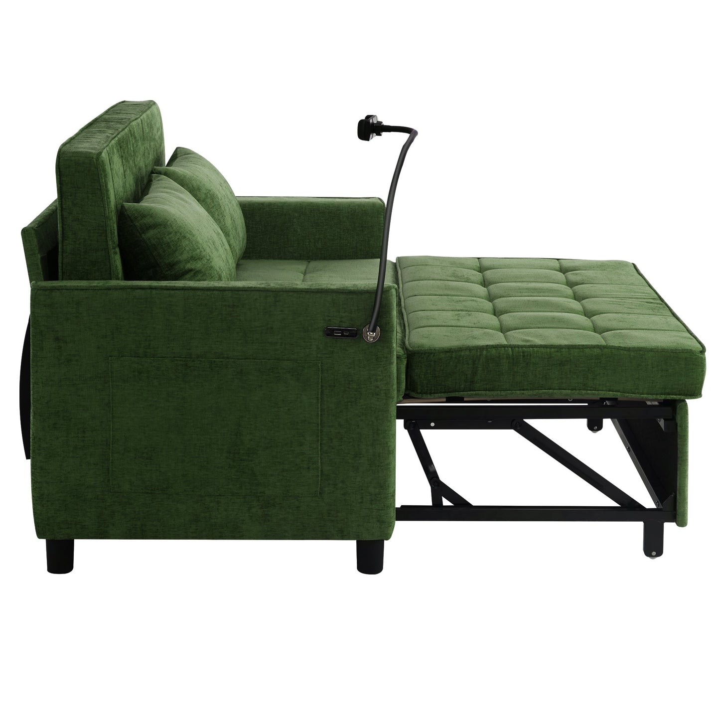 NEW 56.9' Convertible Loveseat Sofa Bed with Adjustable Backrest, USB Ports, Phone Holder, Side Pockets, Green Chenille,