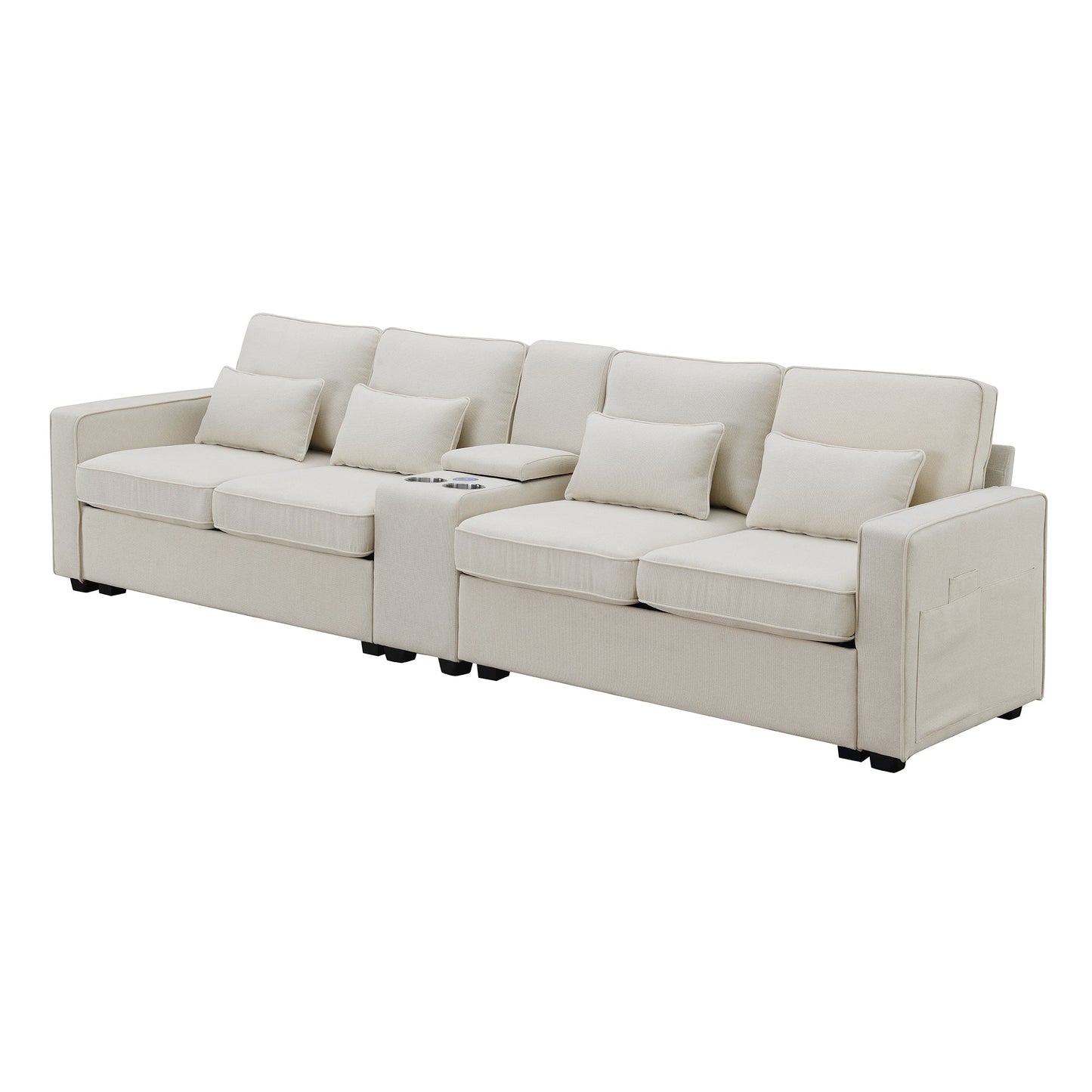 NEW Modern Linen Fabric Upholstered Sofa Couch with Console 2 Cupholders 2 USB Ports Wired or Wirelessly Charged 4 Pillows