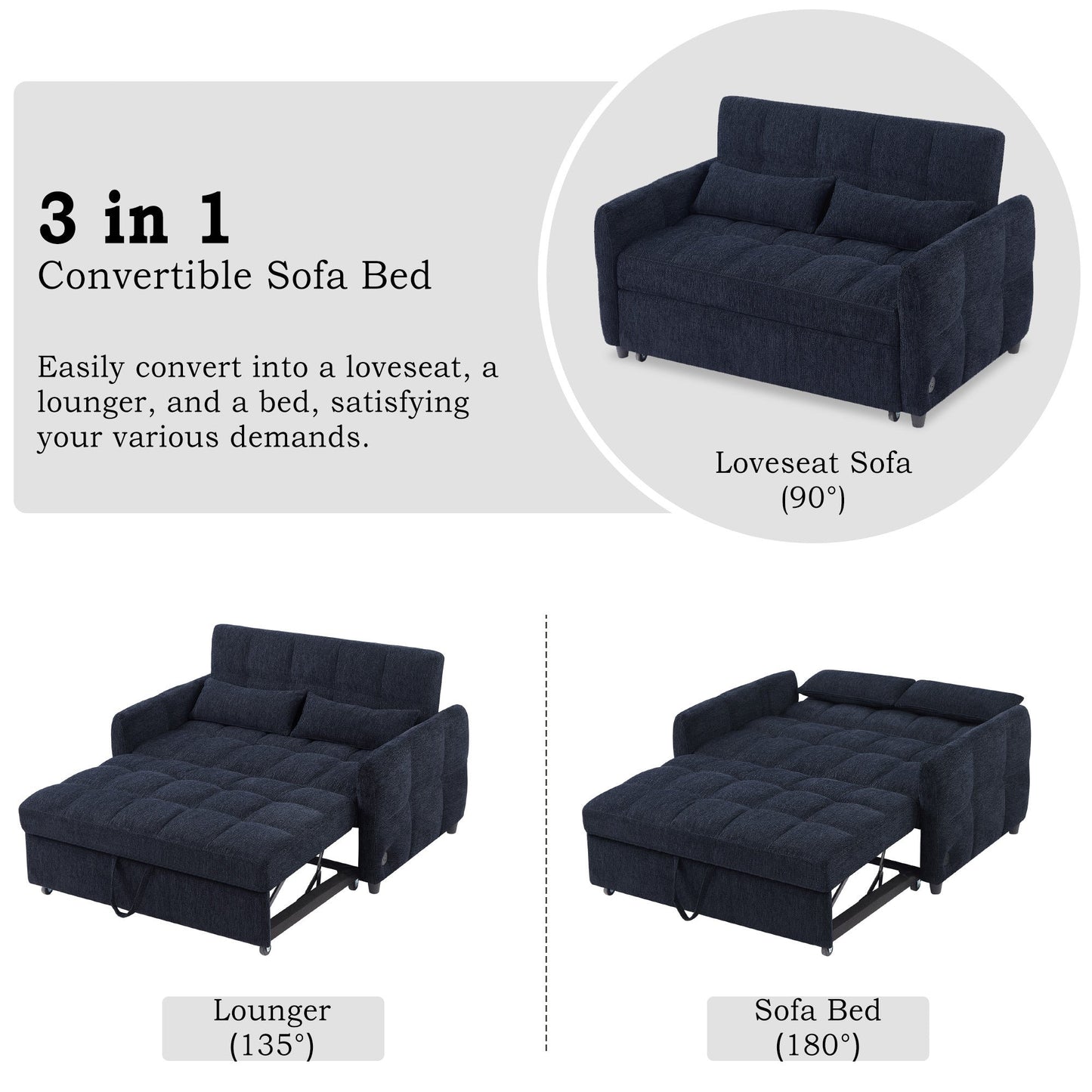 NEW Modern Loveseat Sofa Pull-out Bed with Adjustable Backrest, USB Ports, Lumbar Pillows, Blue Chenille, 52.8'