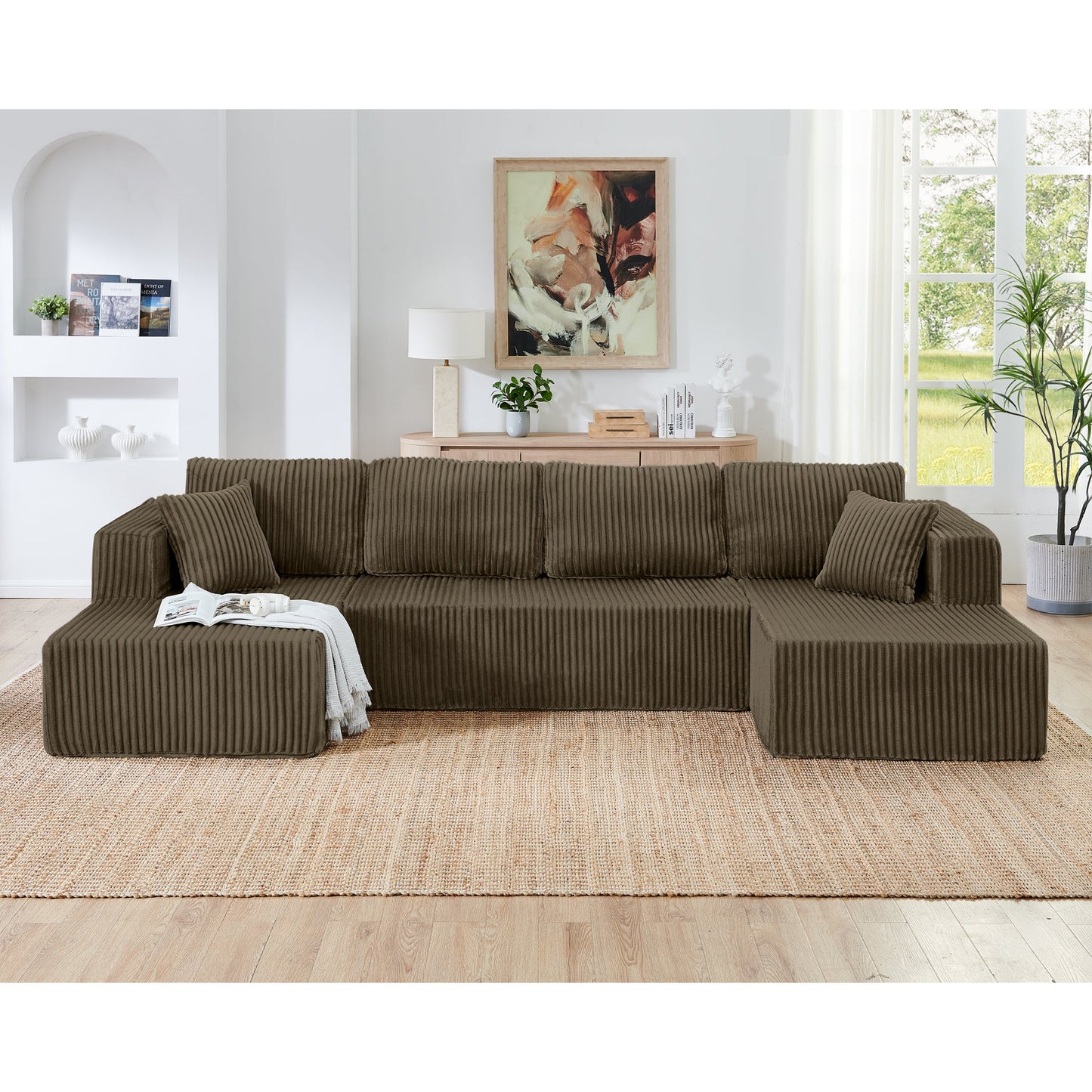 NEW Modern Brown Corduroy Minimalist U Shape Modular Sectional Sofa Sleeper Couch