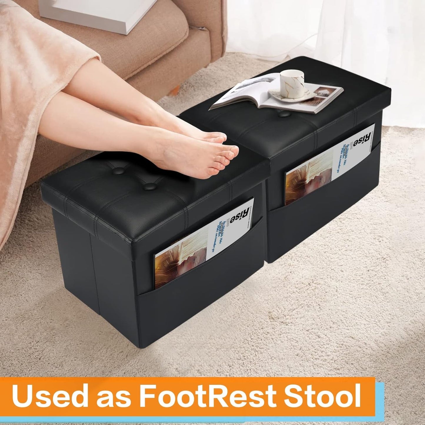 NEW Black Folding Storage Ottoman With Side Pocket