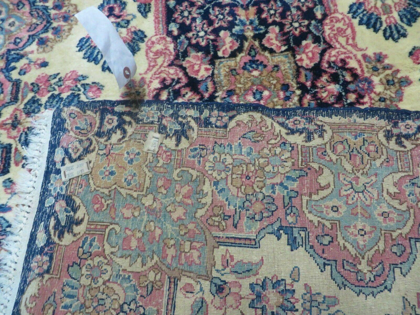 USED Antique Persian Kirman Rug 3.9 x 6.6, Floral Oriental Carpet, Ivory/Cream - Blue - Pink, Hand Knotted Wool Rug, Floral Medallion Rug 4x6