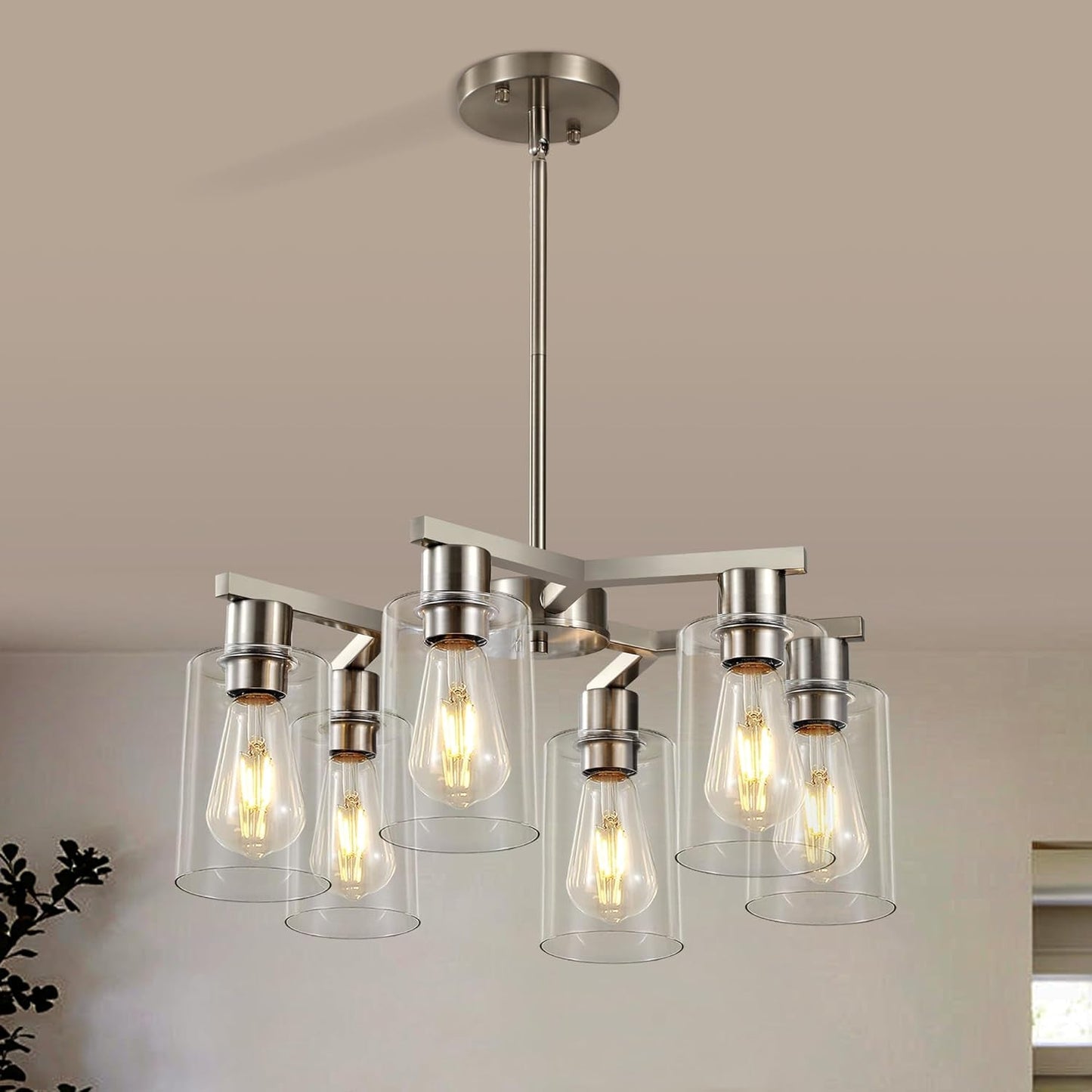 NEW 6 Light Farmhouse Brushed Nickel Pendant Chandelier