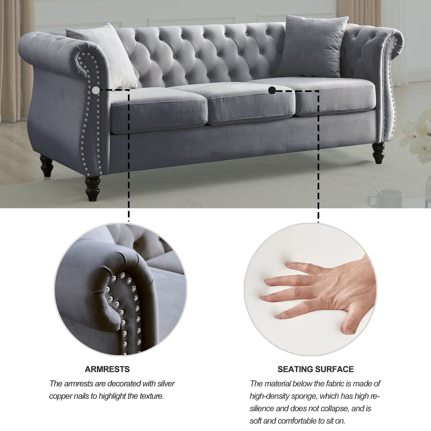NEW 80' Chesterfield Sofa Couch Grey Velvet for Living Room, 3 Seater Sofa Tufted Couch with Rolled Arms Nailhead and Two Pillows