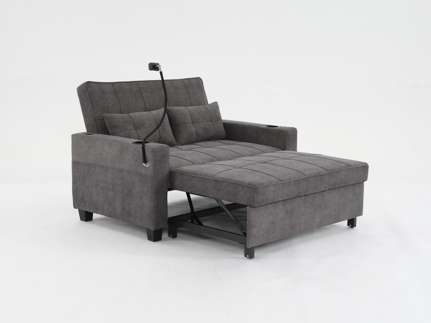 NEW Dark Grey Cloth Fabric 2 Seater Loveseat Recliner Sofa Bed with Adjustable Backrest USB and Cupholders