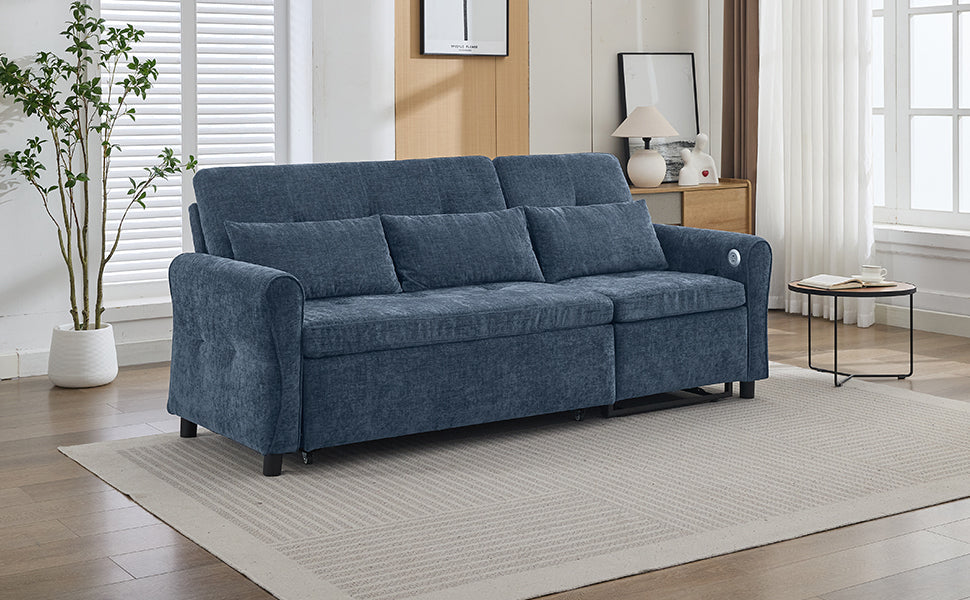 NEW 2-in-1 Sofa 82' Three-seater Sofa with Sofa Bed and Reversible Recliner, Blue Chenille