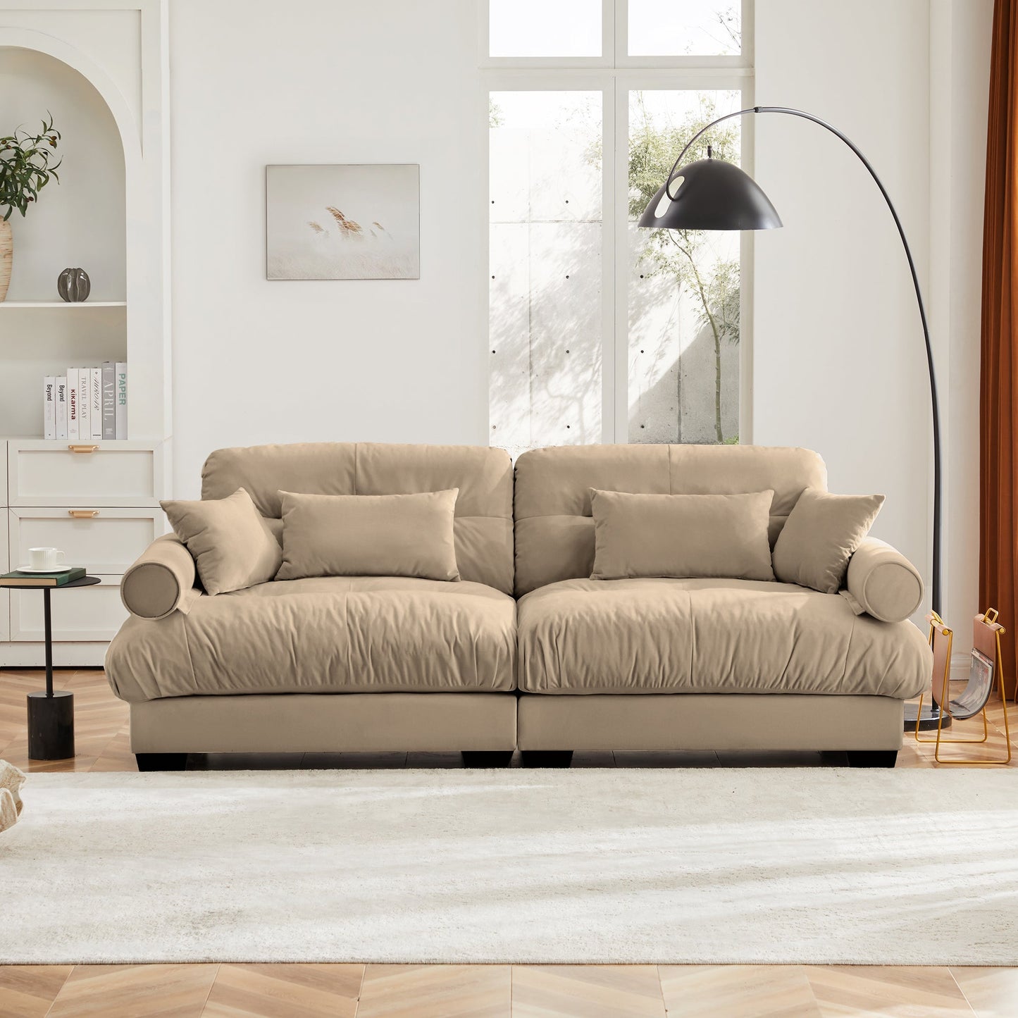 NEW Modern Camel Velvet Two-Seater Sofa with Bolstered Armrests and Pillows